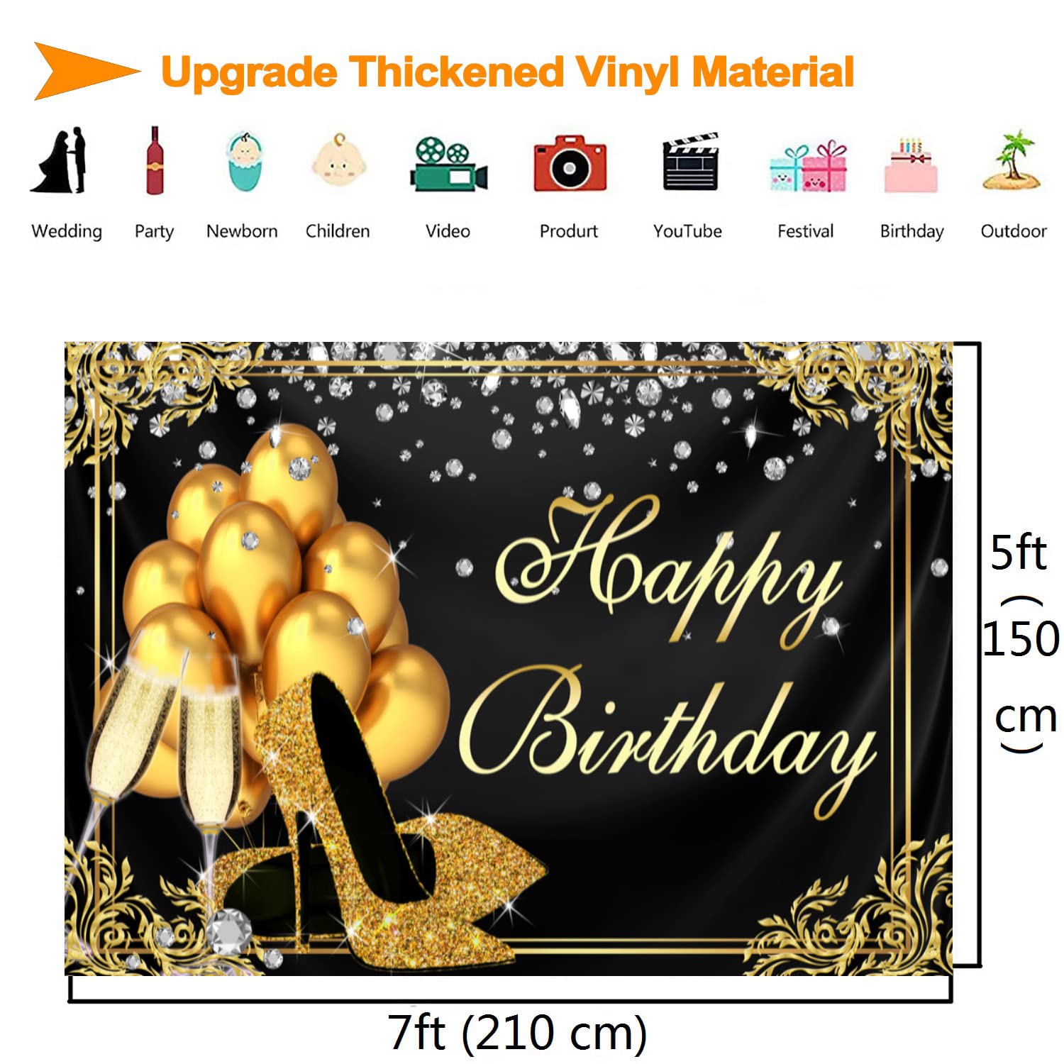 Black and Gold Happy Birthday Backdrop with Shining Diamond Design - 7x5ft Photography Background for Adult Women & Girls Birthday Party, Photo Booth, Golden Heels & Champagne Theme Decoration - Perfect for Birthday Celebrations, Bridal Showers & Social Media Photos