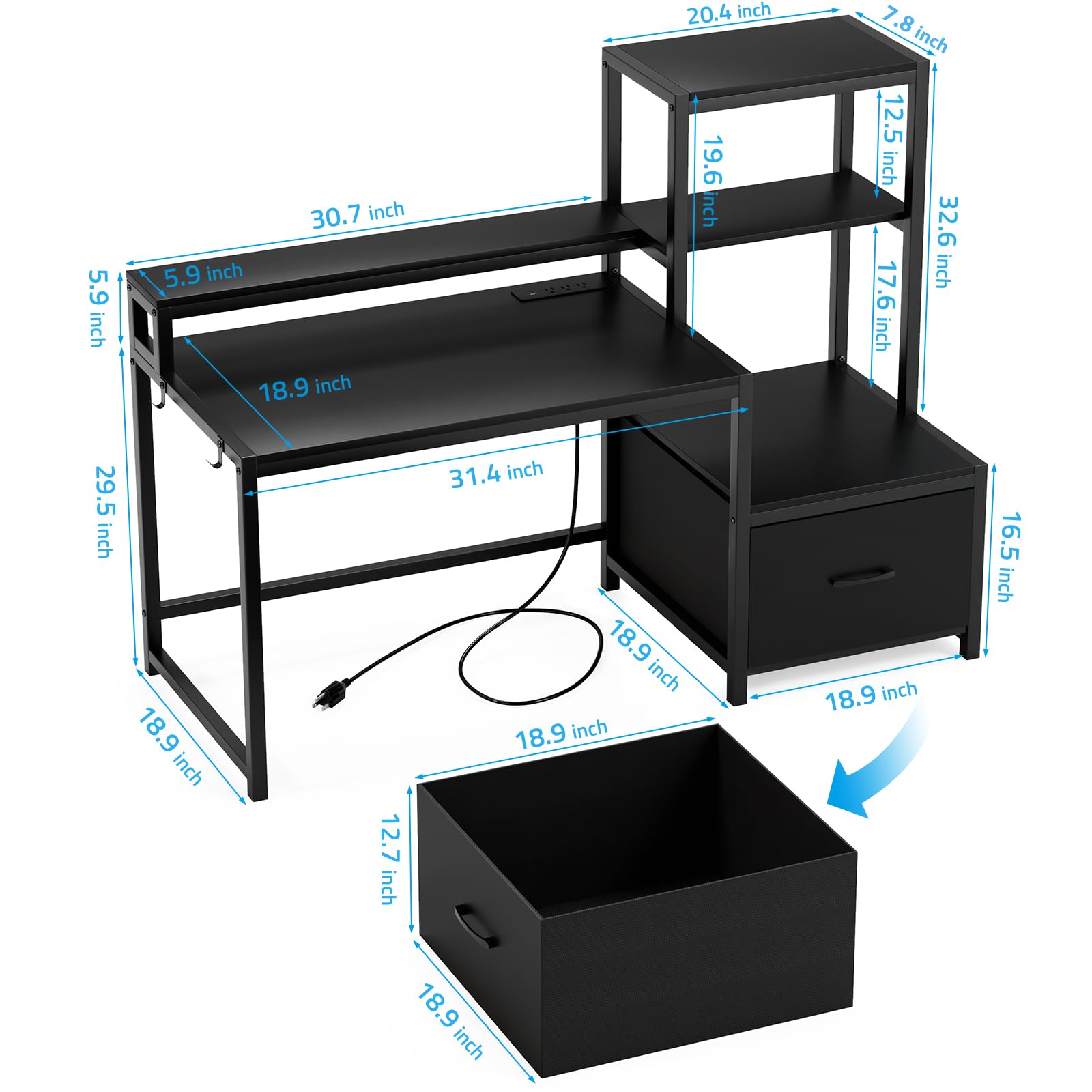 GreenForest 51-inch Computer Desk with Drawers & Monitor Stand - Home Office Desk with Storage Shelves, Power Outlets & LED Lights - Ergonomic Gaming & Study Desk for Small Spaces (Black) - Perfect for Remote Work, Online Classes & PC Gaming Setup