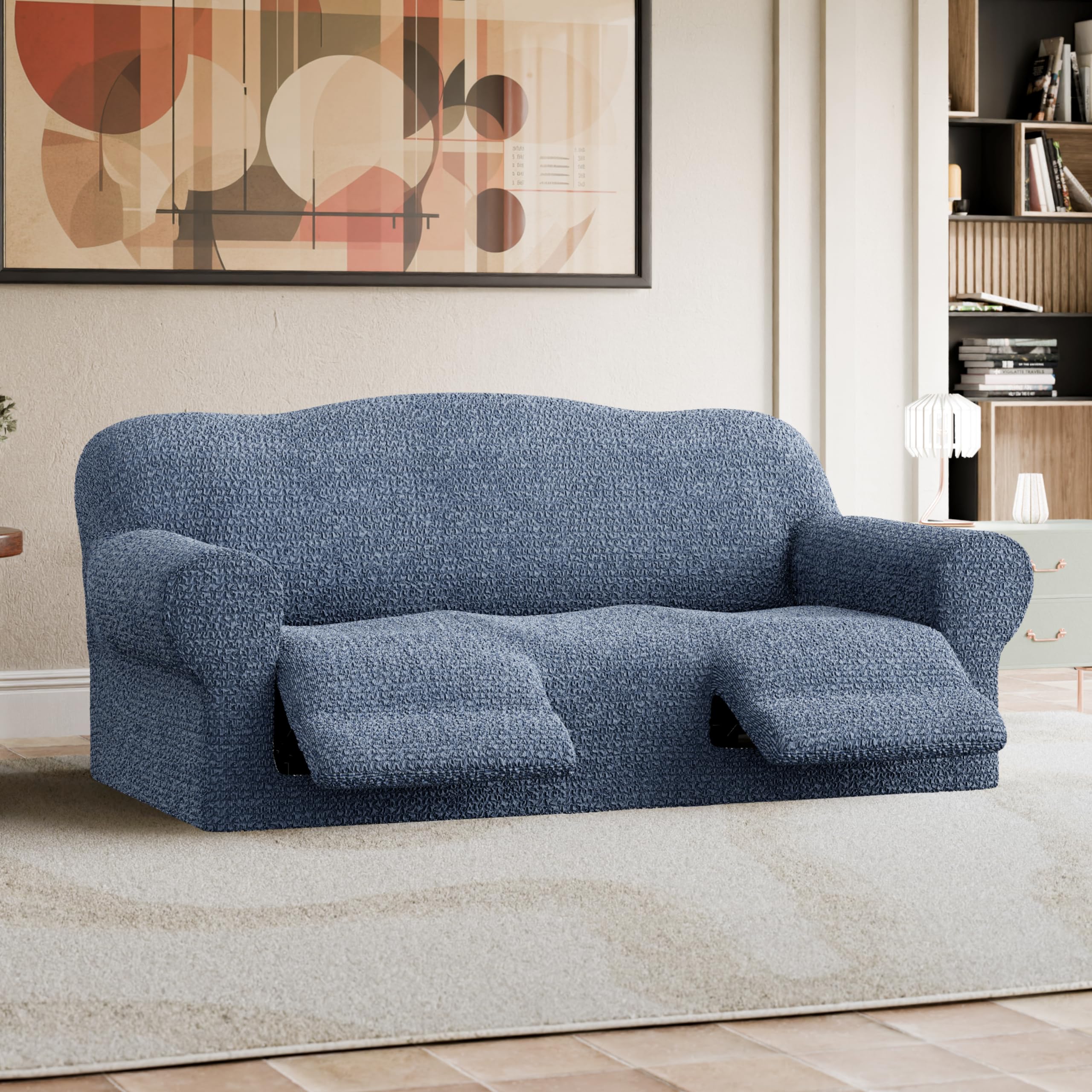 PAULATO BY GA.I.CO. Recliner Sofa Cover - Stretchable 1-Piece Reclining Couch Slipcover - Soft Polyester Fabric Furniture Protector - Mille Righe Collection (Blue) - Perfect for Living Room, Home Theater & Office Use