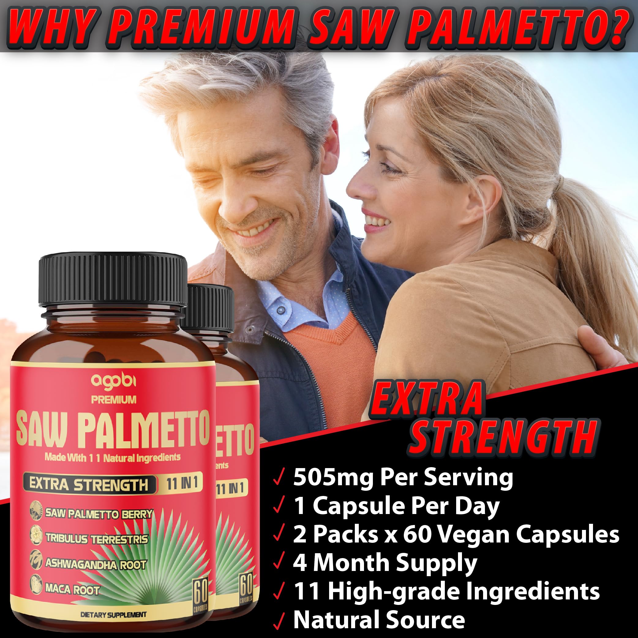 2 Packs (60 Counts, 4 Months Supply) 5300mg Saw Palmetto Capsules with Ashwagandha, Turmeric, Tribulus & Maca - 11-in-1 Prostate Support Supplement for Men - Promotes Skin Health & Immune System - Perfect for Daily Wellness Routine & Active Lifestyle