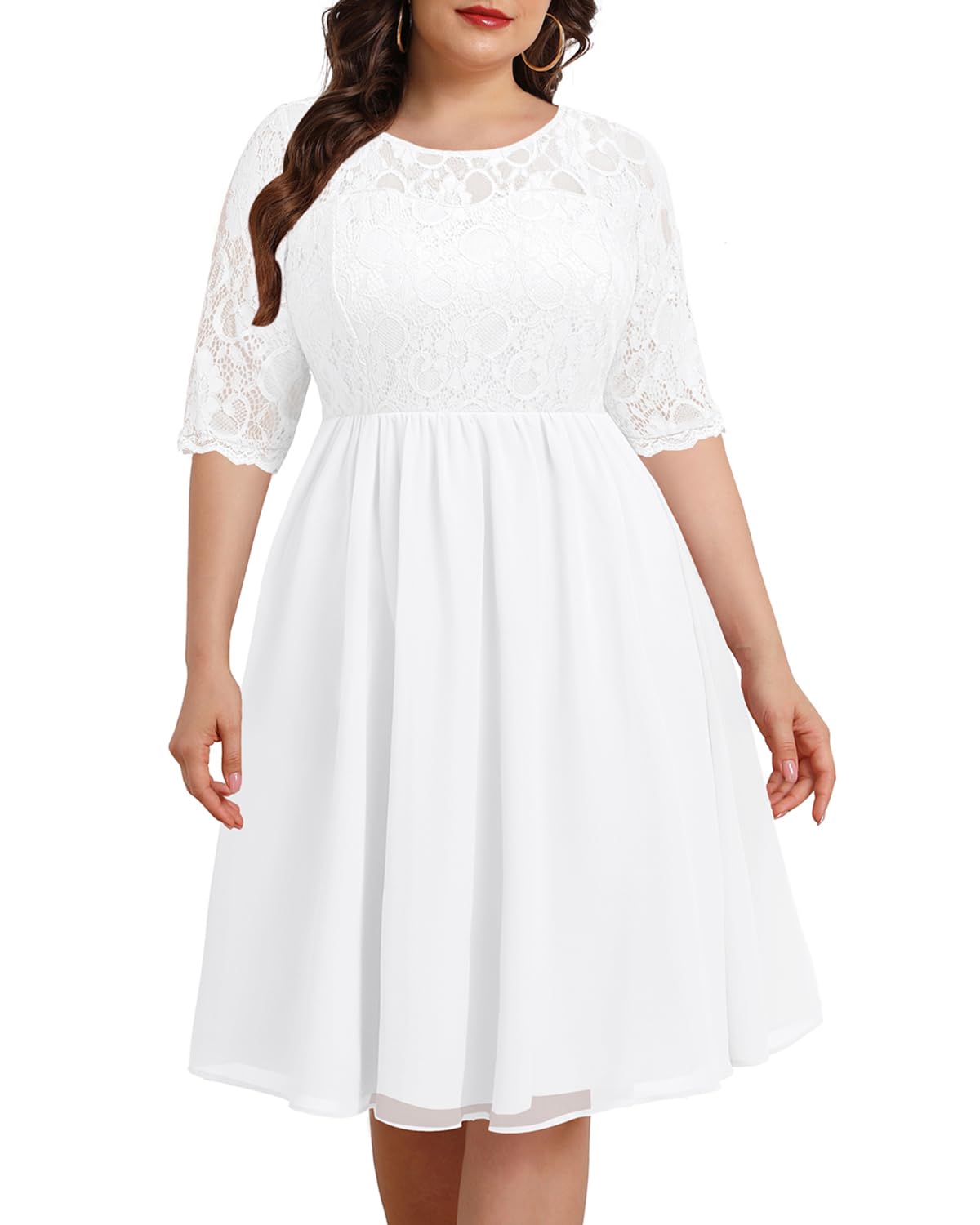 Elegant Plus Size Lace Chiffon Wedding Guest Dress for Women - Cocktail Party Midi Dress with Flowy Skirt | Perfect for Bridal Showers, Formal Events & Special Occasions