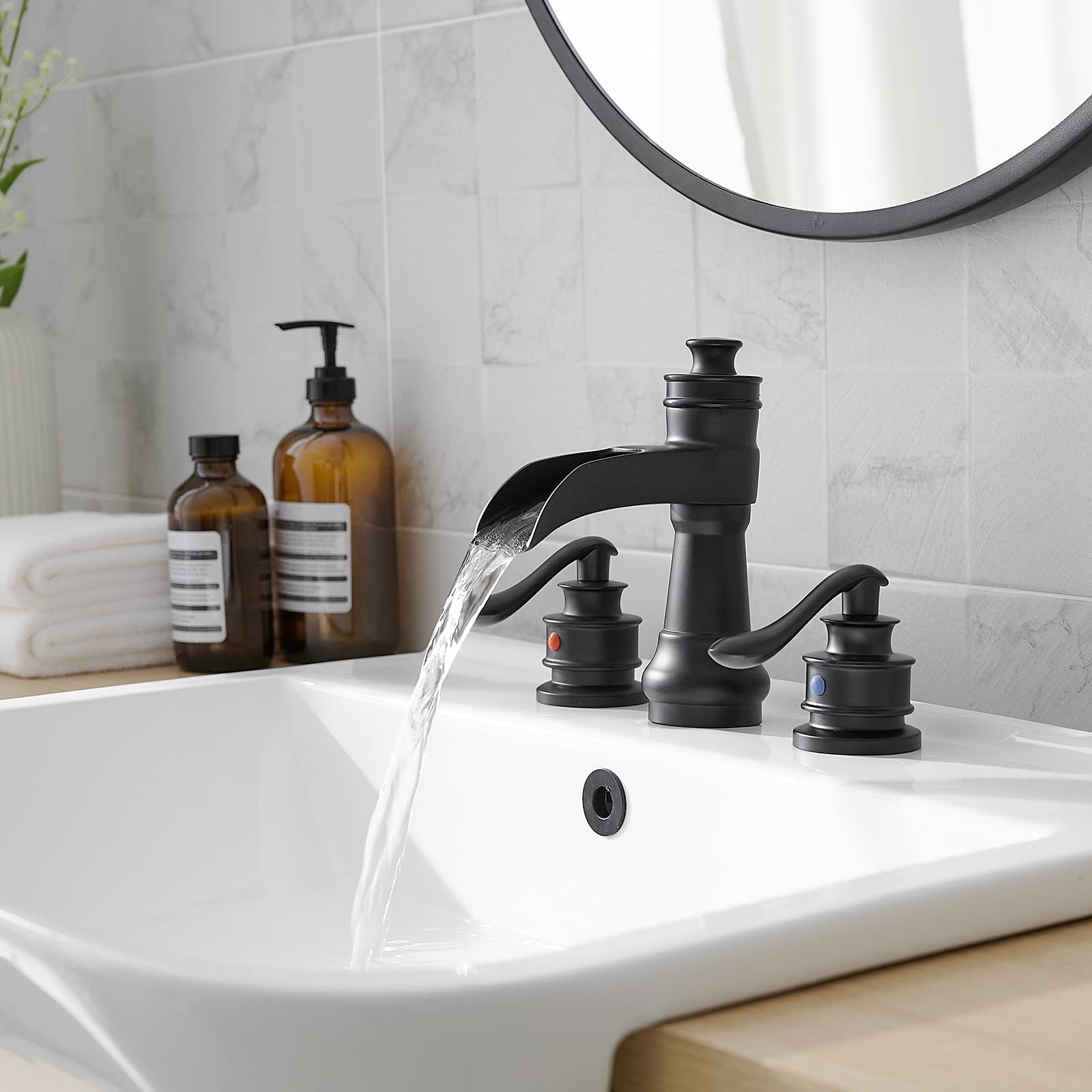 BATHLAVISH Matte Black Widespread Bathroom Faucet Set - 3 Hole 2 Handle Waterfall Farmhouse Sink Faucet with Pop Up Drain Assembly | Modern Vanity Bathroom Upgrade for Home & Hotel Renovation