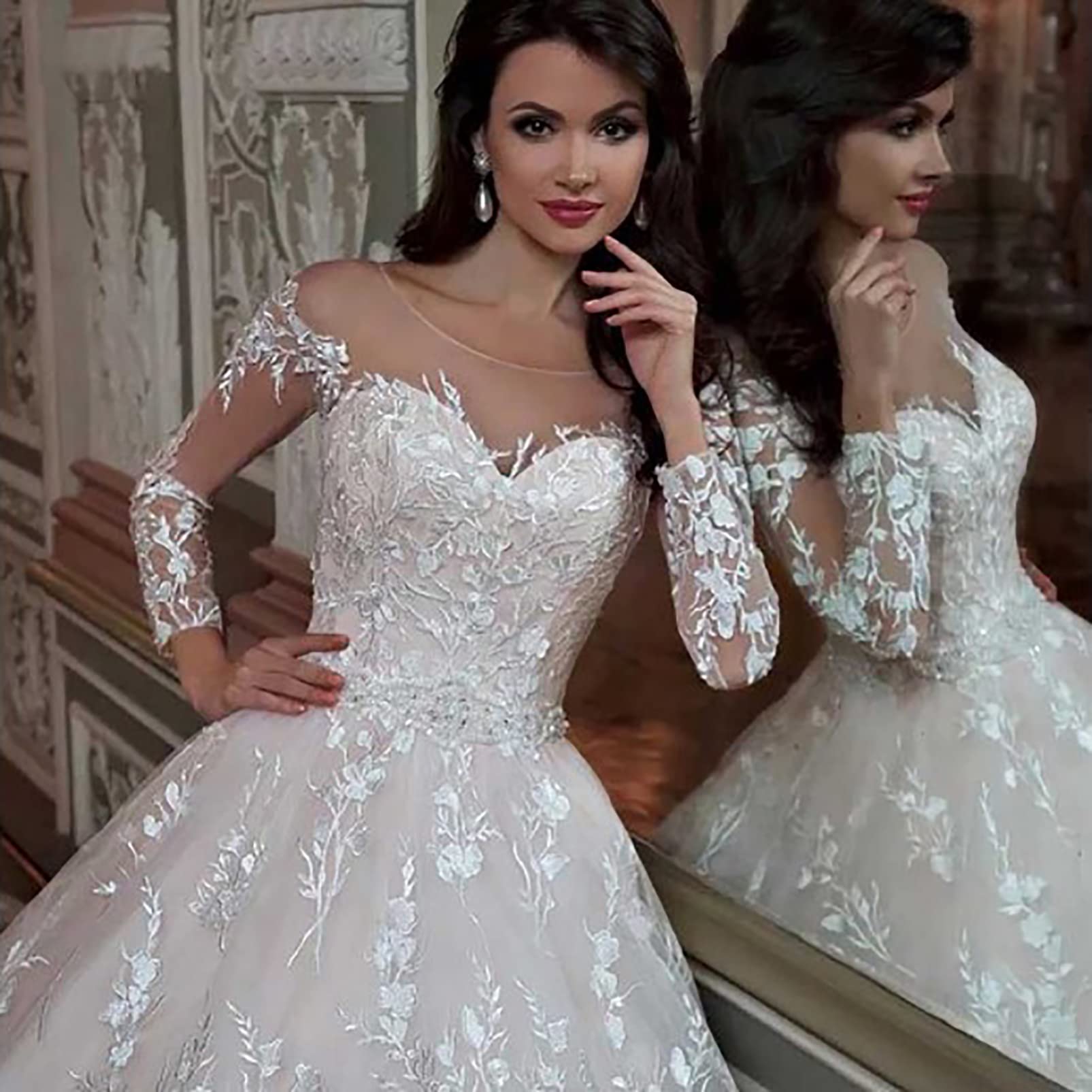 Elegant Lace Embroidered Long Sleeve Wedding Dress for Women - Vintage Maxi Bridal Gown with Bodycon Fit | Perfect for Beach Weddings, Evening Ceremonies & Bridesmaid Dresses