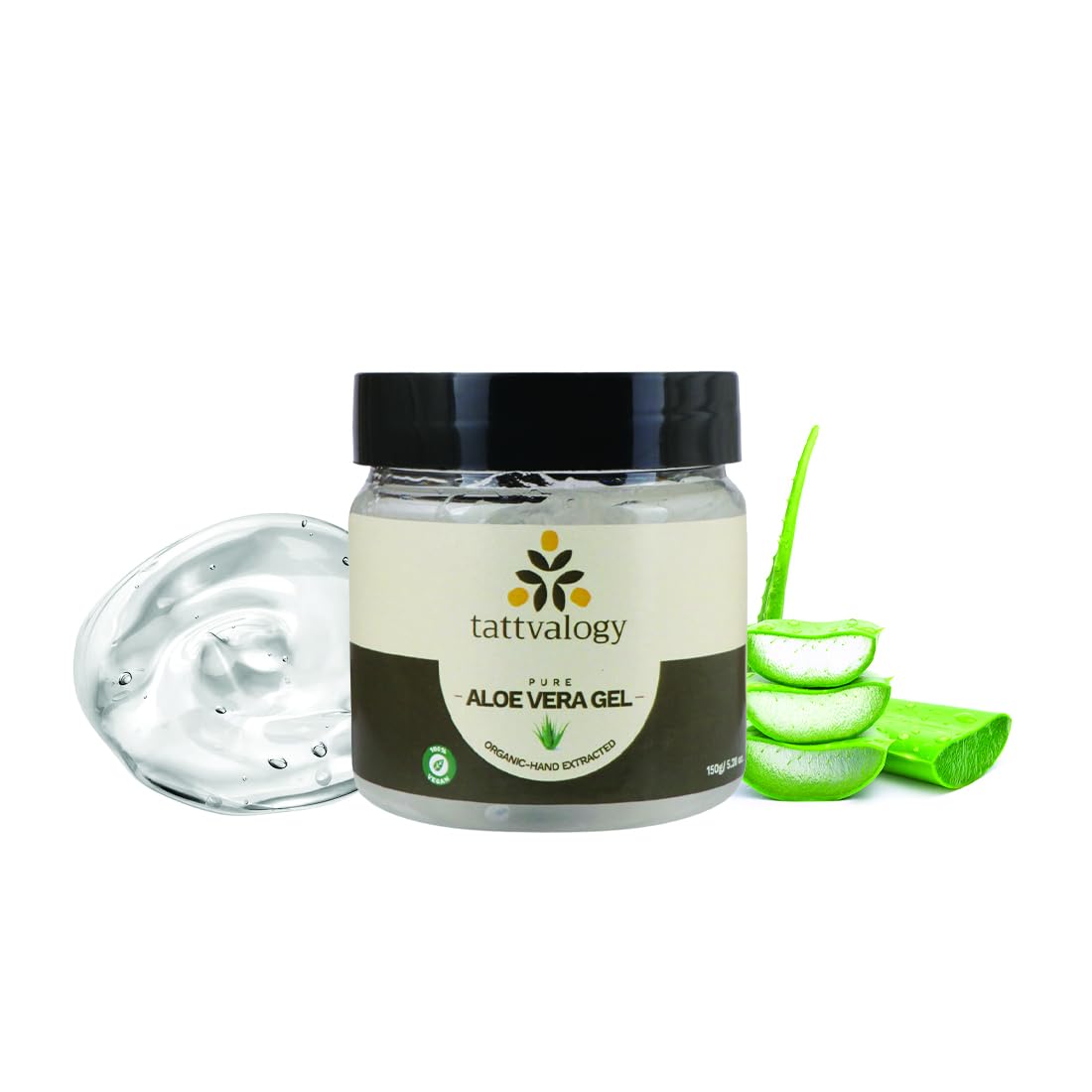 Tattvalogy Aloe Vera Gel 150g or 200ml - Natural Organic Aloe Vera for Fine Lines, Wrinkles, Acne & Skin Irritation - Hydrating & Soothing Face & Body Moisturizer - Hand Extracted Aloe Pulp - Perfect for Sunburn Relief, After Shave & Daily Skincare Routine