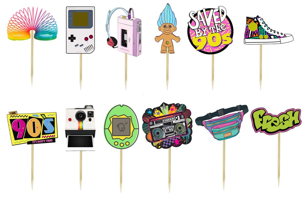 90s Nostalgia Cupcake Toppers - Retro Party Decorations for Birthday, Baby Shower & Themed Events