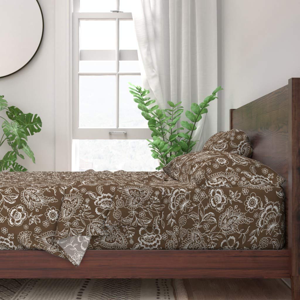 100% Cotton Queen 4-Piece Sheet Set | Kashmir Toile Brown Sugar Cream Floral Print | Soft Breathable Bedding for English Country & Rustic Cottage Decor | Perfect for Master Bedrooms, Guest Rooms & Vacation Homes