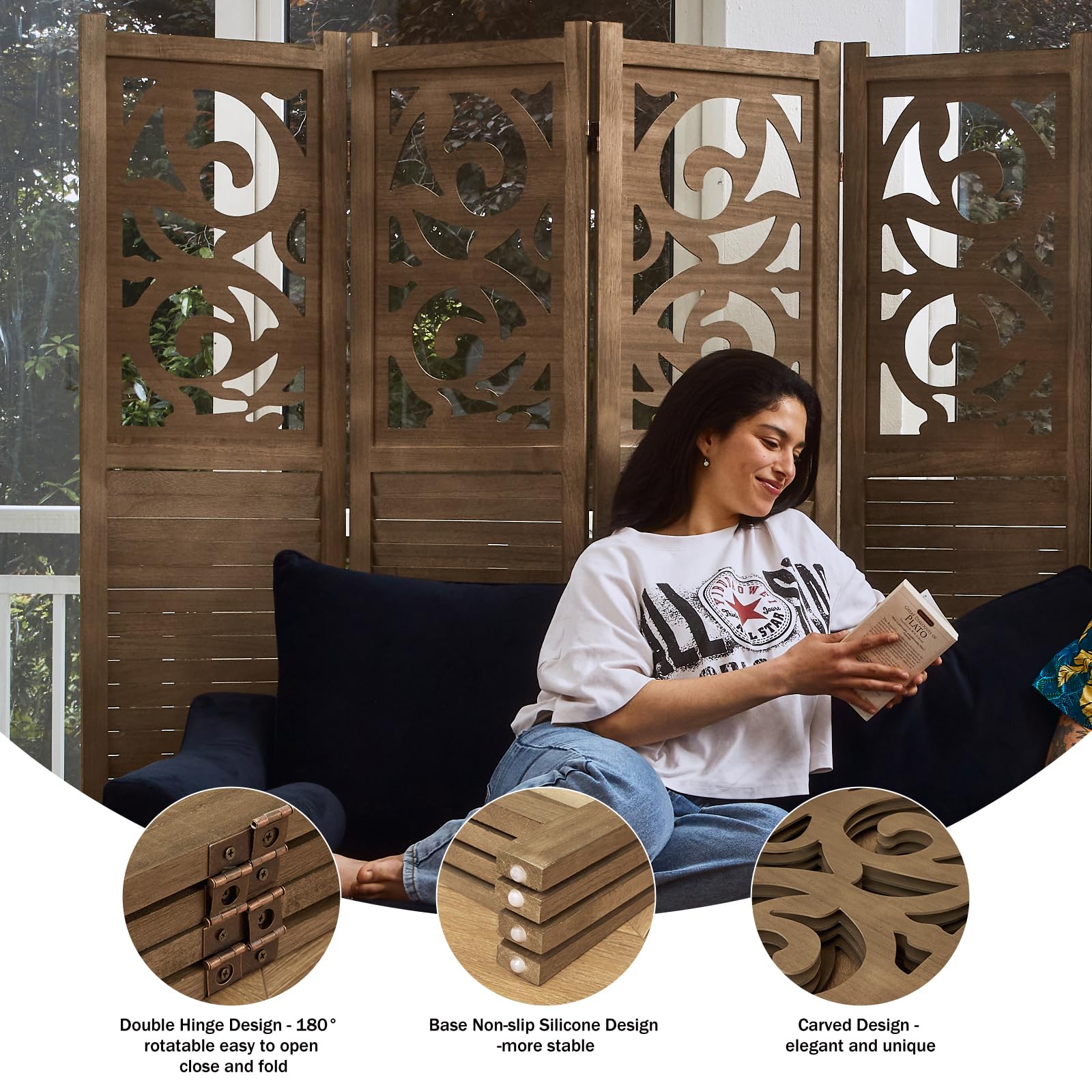 Handcrafted Wooden Room Divider - 4 Panel Folding Partition Screen for Home, Office & Outdoor Spaces (67