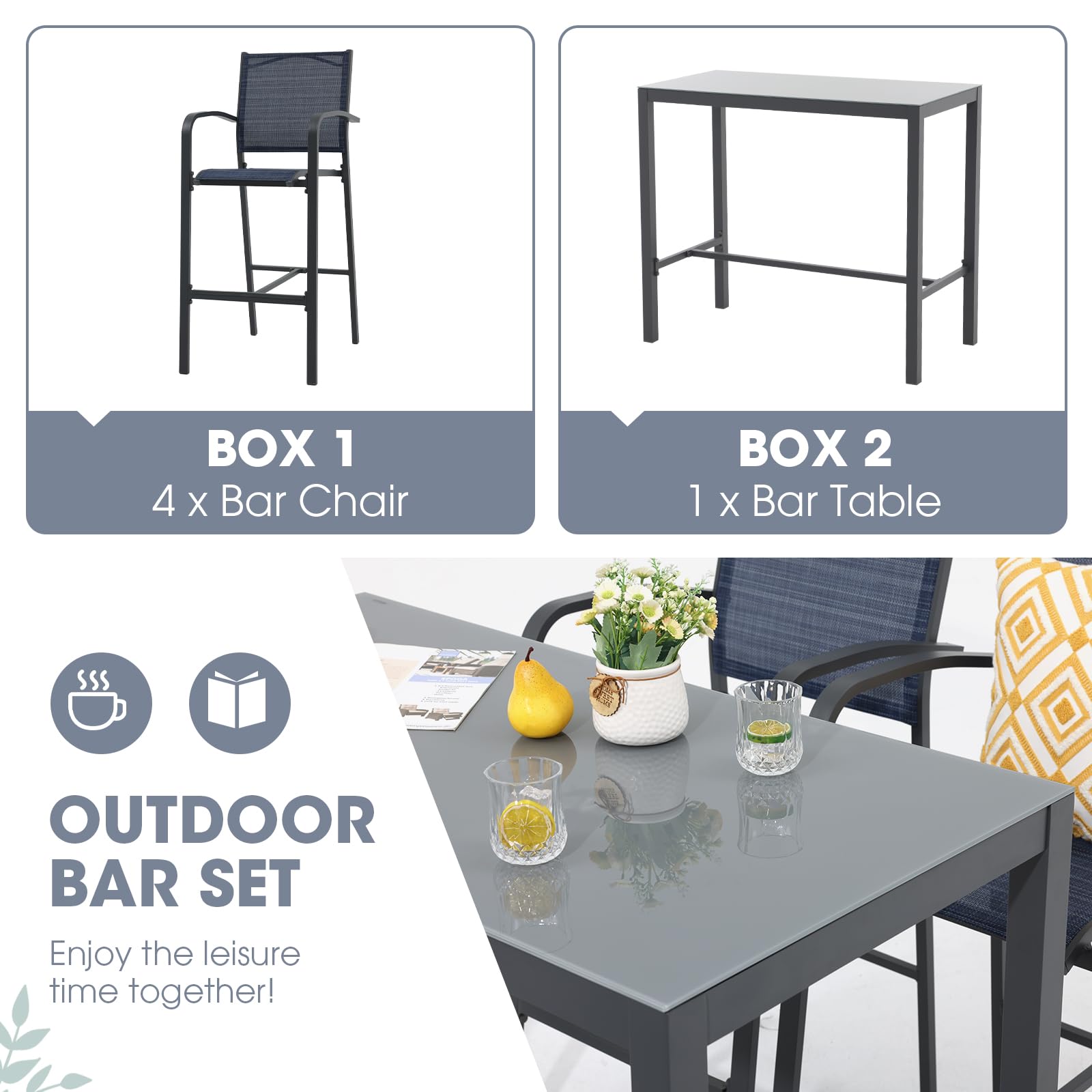 OC Orange-Casual 5-Piece Outdoor Bar Set - All-Weather Aluminum & Textile Fabric High Top Dining Table with 4 Metal Bar Stools & Glass Top Table - Navy Blue Patio Furniture for Porch, Garden, Backyard, Poolside & Outdoor Entertaining