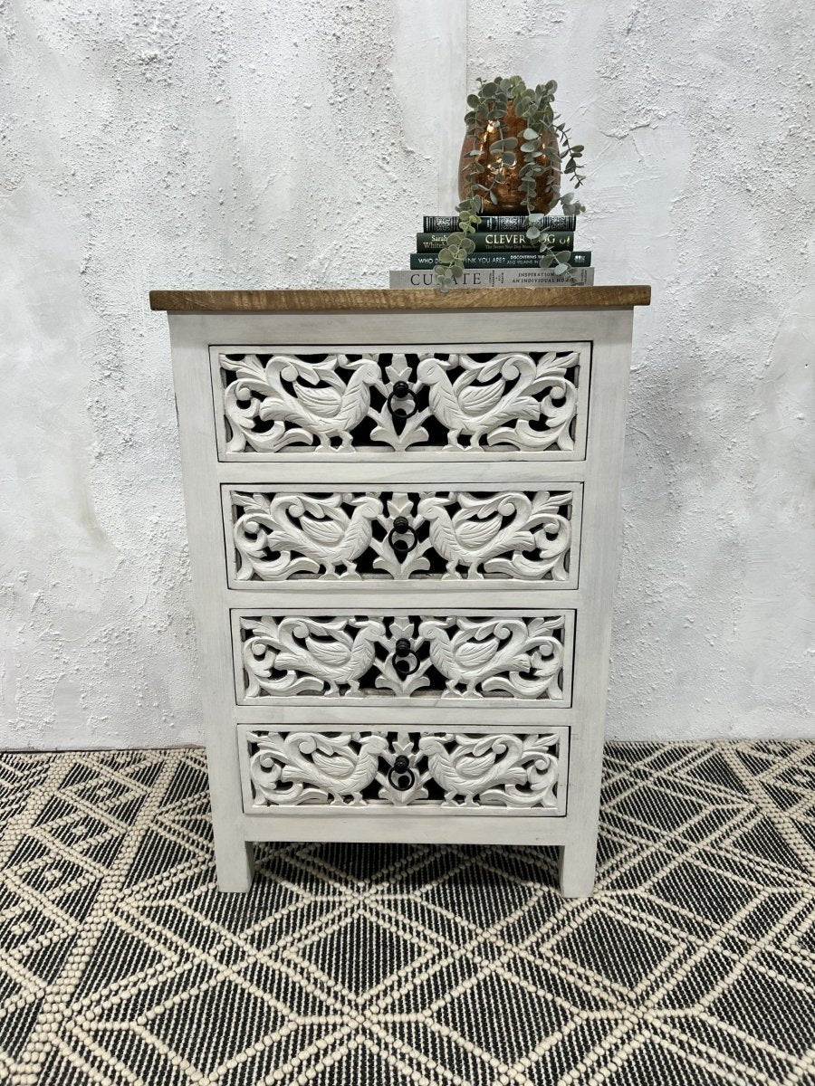 Hand Carved White Washed 4-Drawer Wooden Dresser - Vintage Bedroom Storage Furniture for Master Bedroom, Guest Room & Nursery Organization