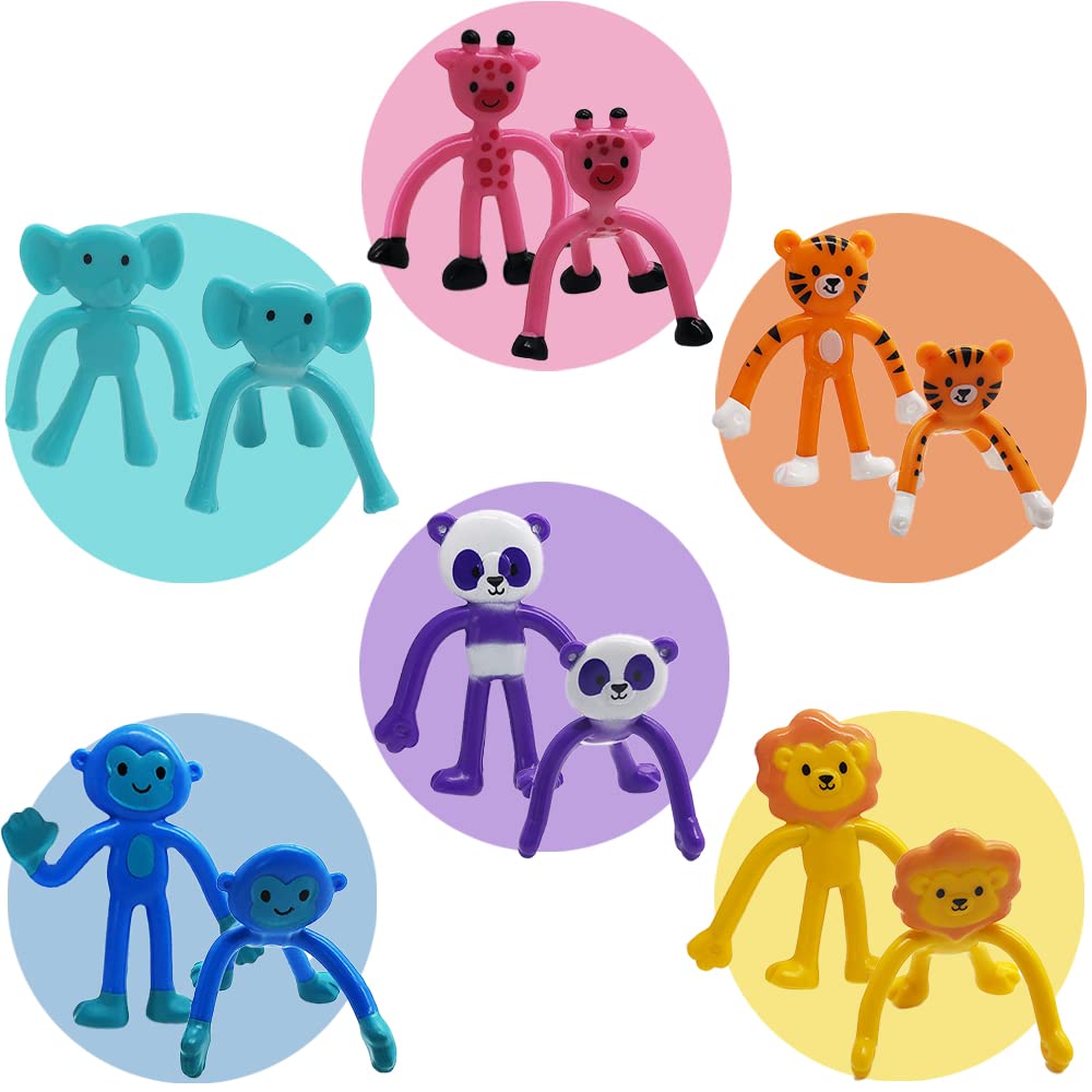 ArtCreativity 48-Piece Bendable Animal Figures Set - Panda, Tiger, Giraffe, Monkey, Elephant & Lion - Stress Relief Toys for Kids, Easter Basket Stuffers & Zoo Birthday Party Favors - Perfect for Classroom Rewards, Sensory Play & Party Decorations