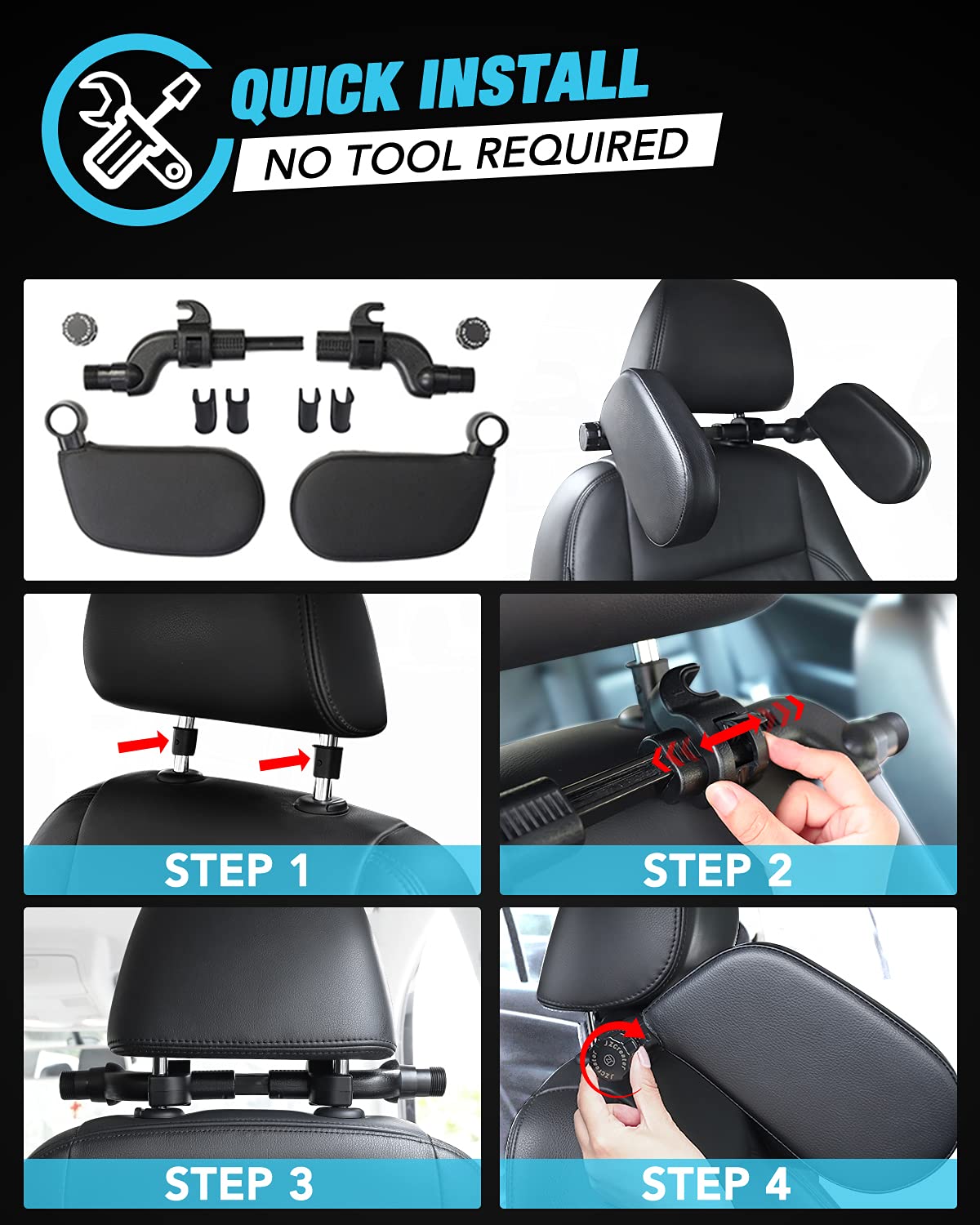 JZCreater 360° Adjustable Car Headrest Pillow - Memory Foam Neck Support Pillow for Adults & Kids - Travel Sleeping Cushion for Long Trips - Universal Car Seat Headrest (Black) | Perfect for Road Trips, Commuting & Airplane Travel