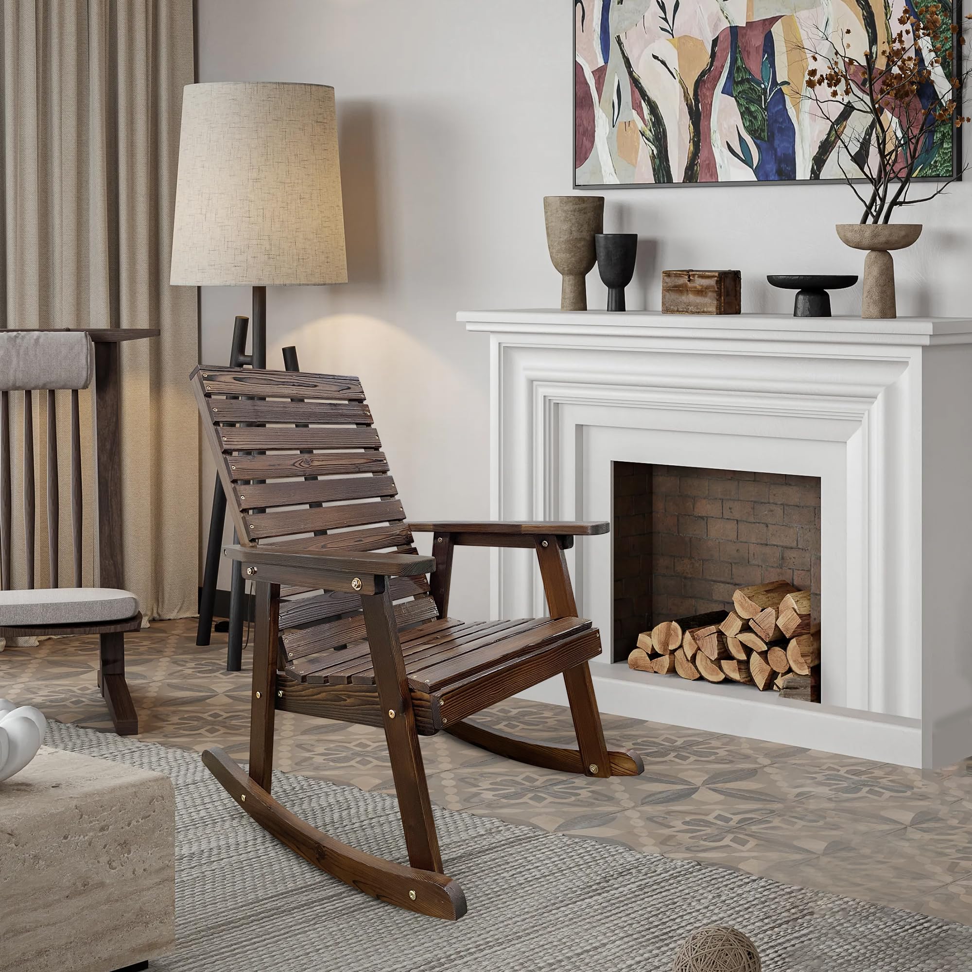 Premium Solid Fir Wood Rocking Chair with High Backrest & Contoured Seat - Heavy Duty 600 lbs Capacity - Dark Chocolate Finish - Perfect for Indoor Living Room, Outdoor Patio, Garden & Porch Relaxation