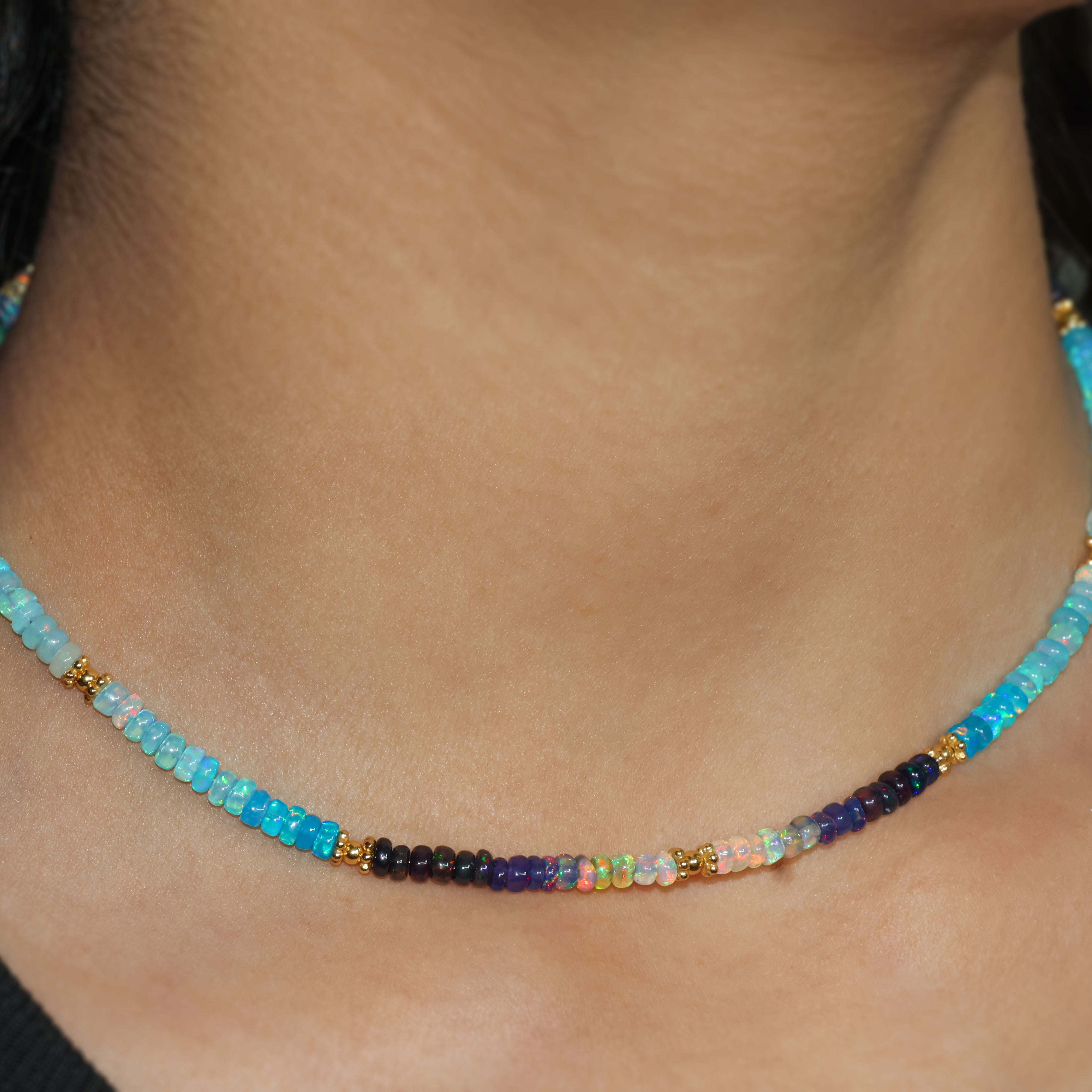 Multi-Shade Beaded Necklace with Natural Paraiba Opal - Elegant Layering Jewelry for Women, Perfect for Boho, Beach & Everyday Wear