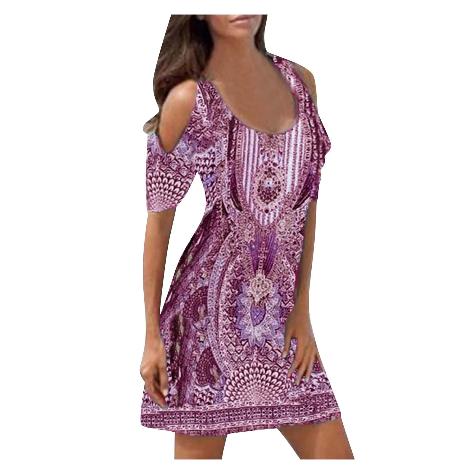GQFDBS Women's Slimming Casual Round Neck Short Print Maxi Dress - Hollow Out Beach Dress for Summer, Vacation & Party Wear