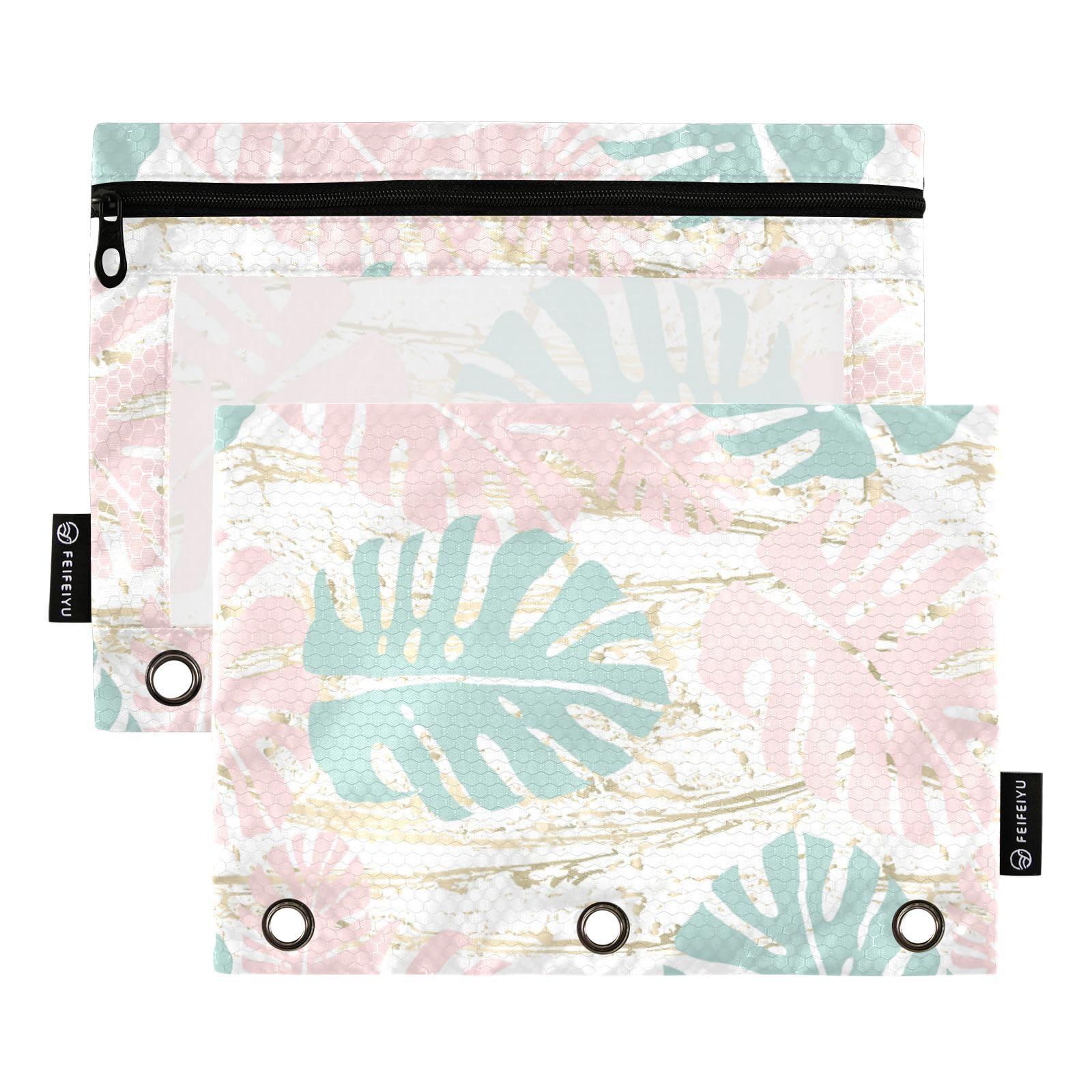 Gredecor 2-Pack Tropical Floral Pastel Pink & Mint Gold Zipper Pencil Pouch - 3-Ring Binder Organizer for School, Office, College Supplies | Clear Plastic Pencil Case for Binders, Notebooks & Backpack Organization