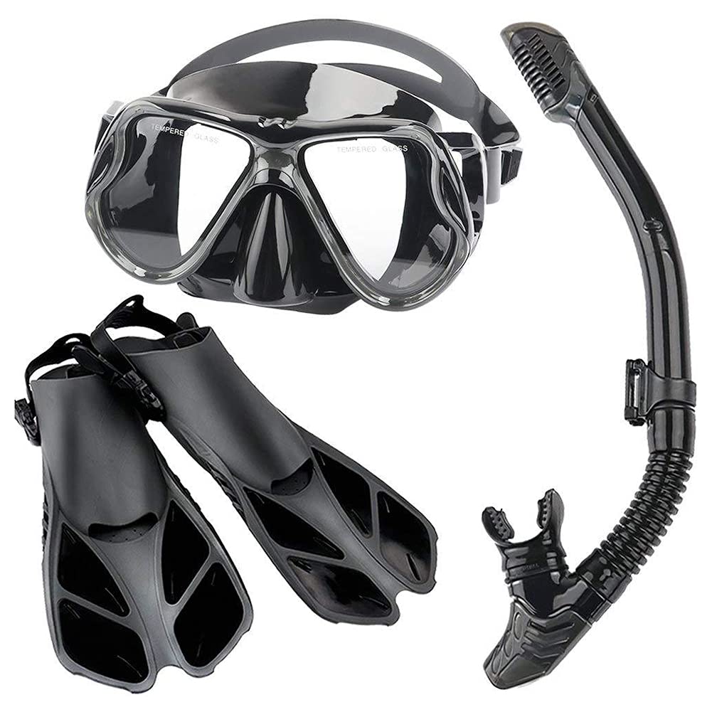 Premium Snorkel Set for Adults - Panoramic View Diving Mask, Dry Top Snorkel, Adjustable Fins & Gear Bag - Perfect for Snorkeling, Scuba Diving & Swimming Training (Black, S/M) - Ideal for Beach Vacations, Pool Parties & Underwater Adventures