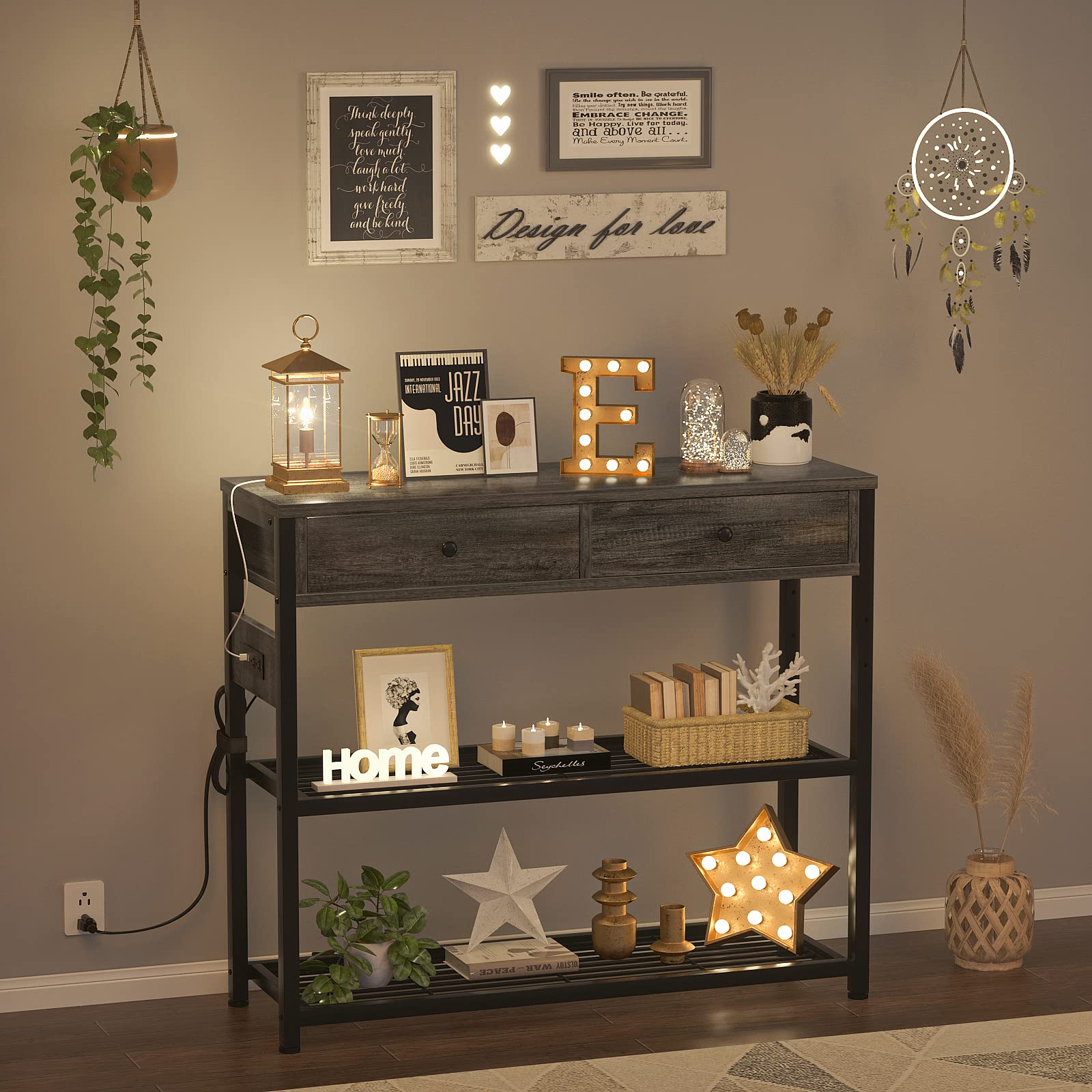 Grey Oak Console Table with Outlets & USB - 32