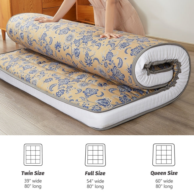 MAXYOYO 6-Inch Extra Thick Floor Futon Mattress - Blue Floral Paisley Pattern - Foldable Guest Bed for Small Spaces, Dorm Room, Camping & Home Use