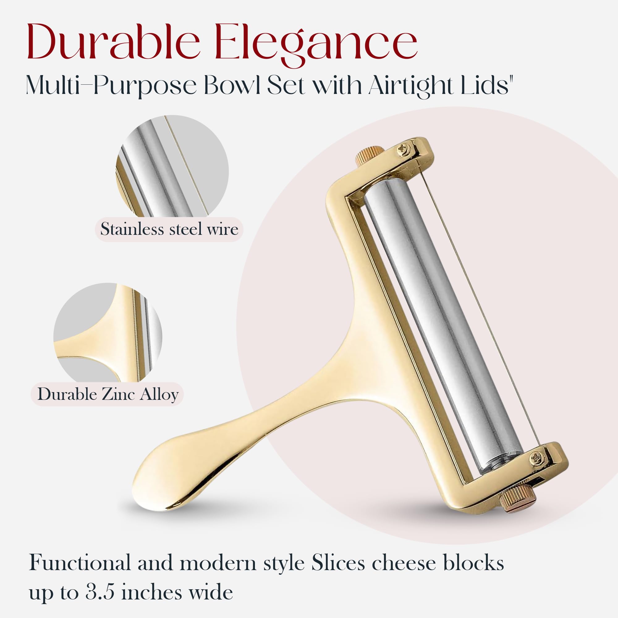 Bellemain Stainless Steel Wire Cheese Slicer - Adjustable Handheld Cheese Cutter for Cheddar, Gruyere, Raclette, Mozzarella - Cheese Shaver & Curler for Perfect Thin or Thick Slices (Gold) - Ideal for Charcuterie Boards, Party Platters & Home Kitchen Use