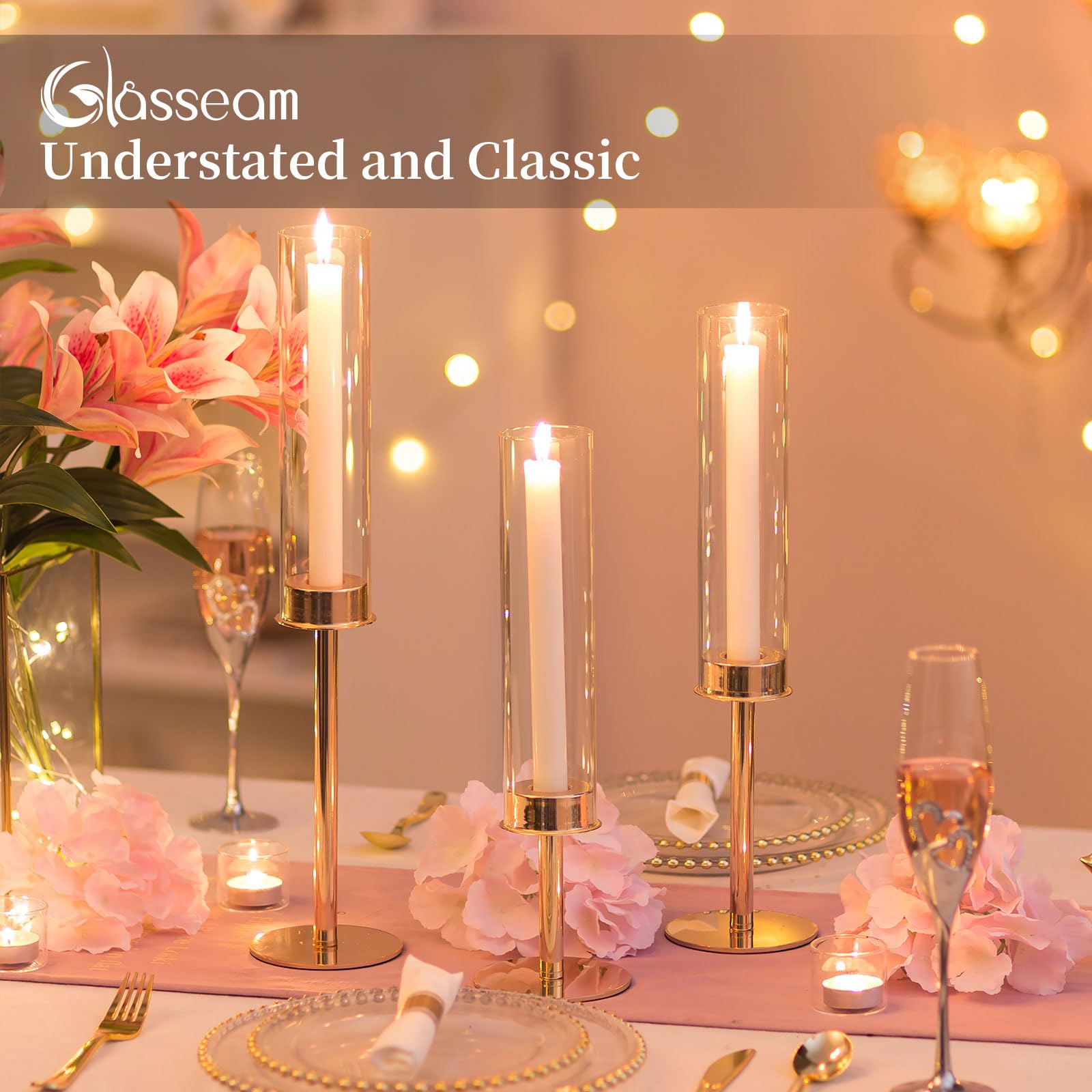 Glasseam Gold Hurricane Candlestick Holders - Set of 6 Tall Taper Candle Holders with Glass Chimney for Wedding Centerpieces, Dining Table Decor, Christmas & Holiday Home Decoration | Elegant Table Setting & Romantic Ambiance Lighting