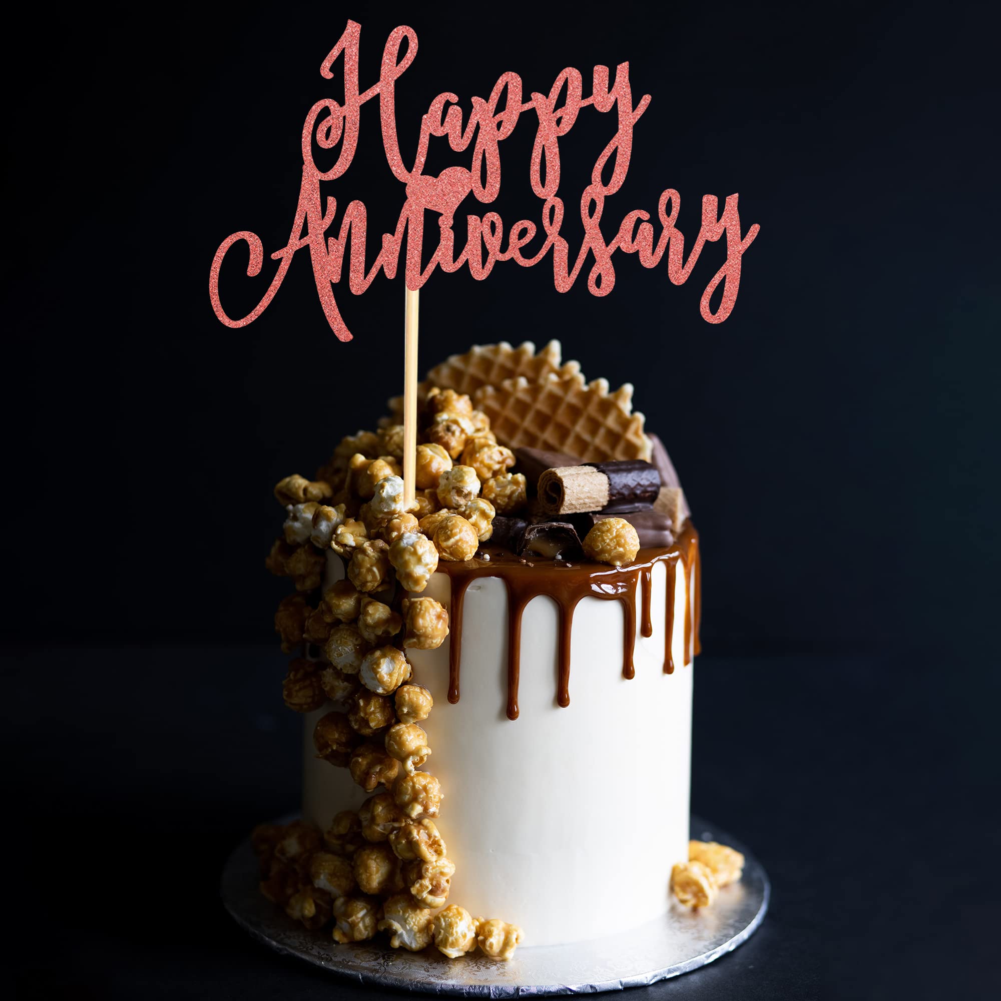 Rose Gold Glitter Happy Anniversary Cake Topper - Wedding Anniversary Party Decorations, Cake Decor Supplies for Couples Celebration - Perfect for Wedding Anniversaries, Romantic Dinners & Special Occasions