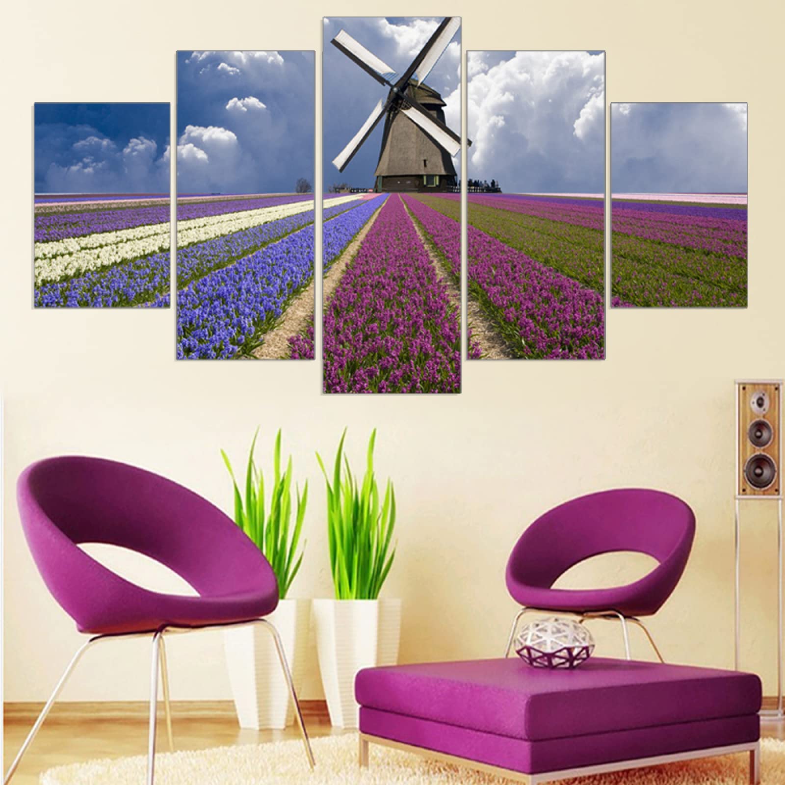 5-Piece Lavender Flowers Canvas Wall Art Set - Pastoral Landscape Abstract Painting for Modern Home & Living Room Decor - Frameless 80