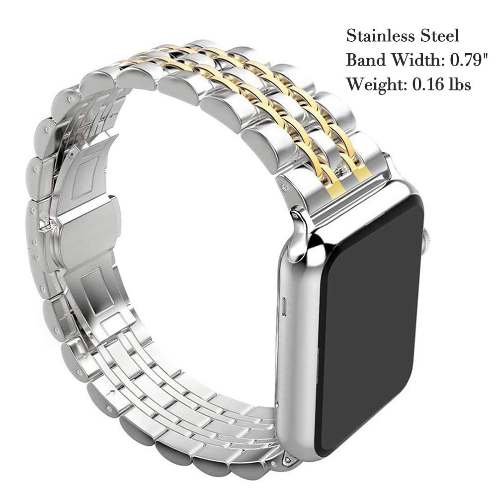Premium Stainless Steel Replacement Bands for Apple Watch Series 9/8/7/6/5/4/SE/Ultra 2/Ultra - Compatible with 42mm/44mm/45mm/49mm Models (Silver/Gold) | Durable Metal Watch Straps for Men & Women | Perfect for Workouts, Office Wear & Everyday Use