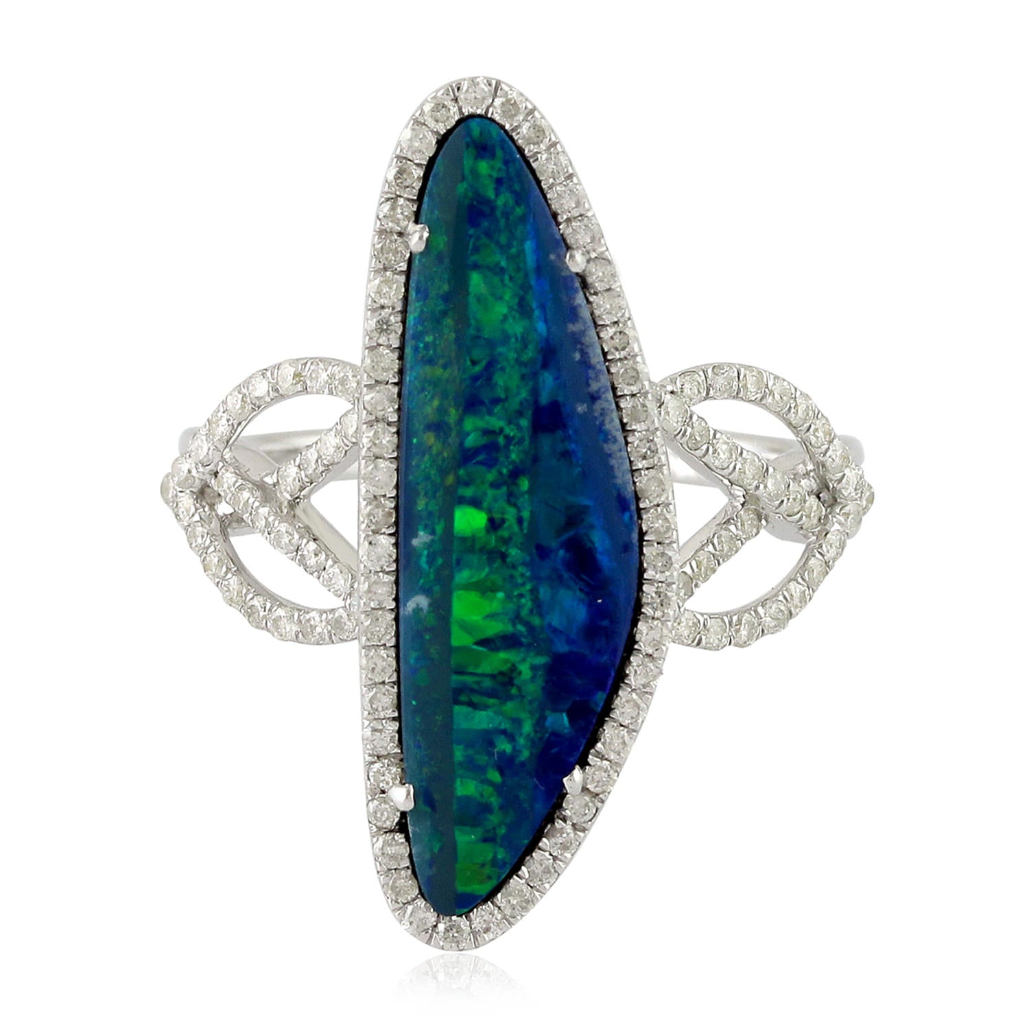 18K White Gold Cabochon Opal Doublet Pave Diamond Designer Ring for Women - Elegant Jewelry Gift for Anniversary, Birthday & Special Occasions