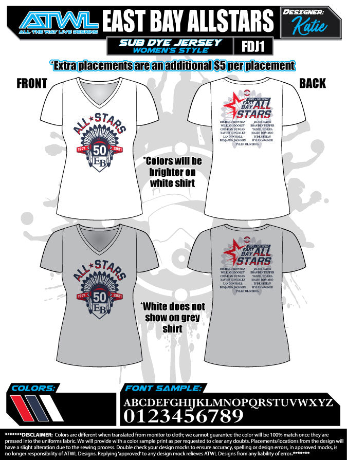 East Bay All Stars Women's Sublimated Dye Roster Jerseys - Custom Team Uniforms for Softball, Baseball & Sports Events