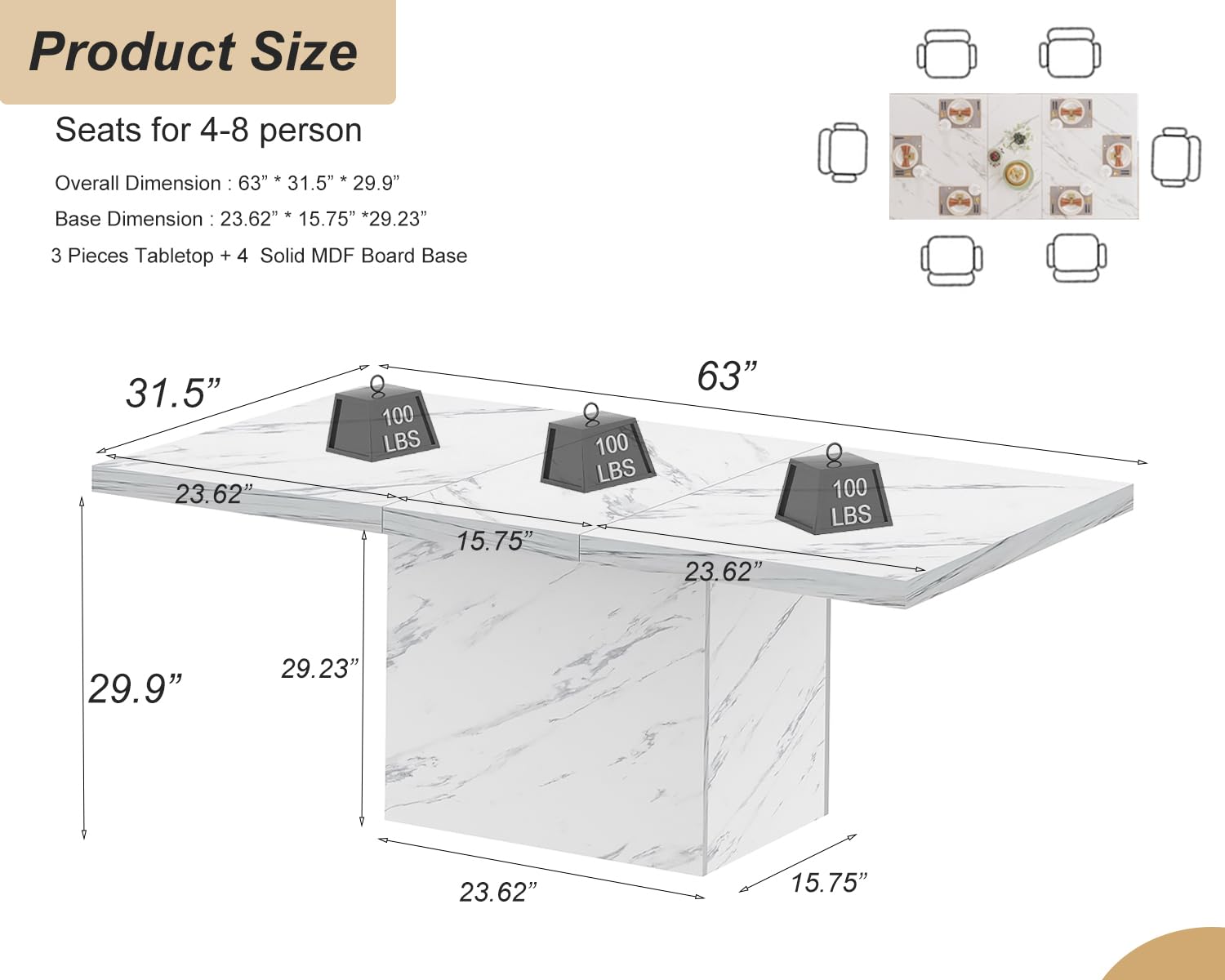 HSH White Faux Marble Dining Table - 63 Inch Modern Farmhouse Style Kitchen Table for 6 People, Sturdy Wood Base with Pedestal Support, Rectangle Design for Dining Room & Living Room | Perfect for Family Gatherings, Dinner Parties & Home Decor