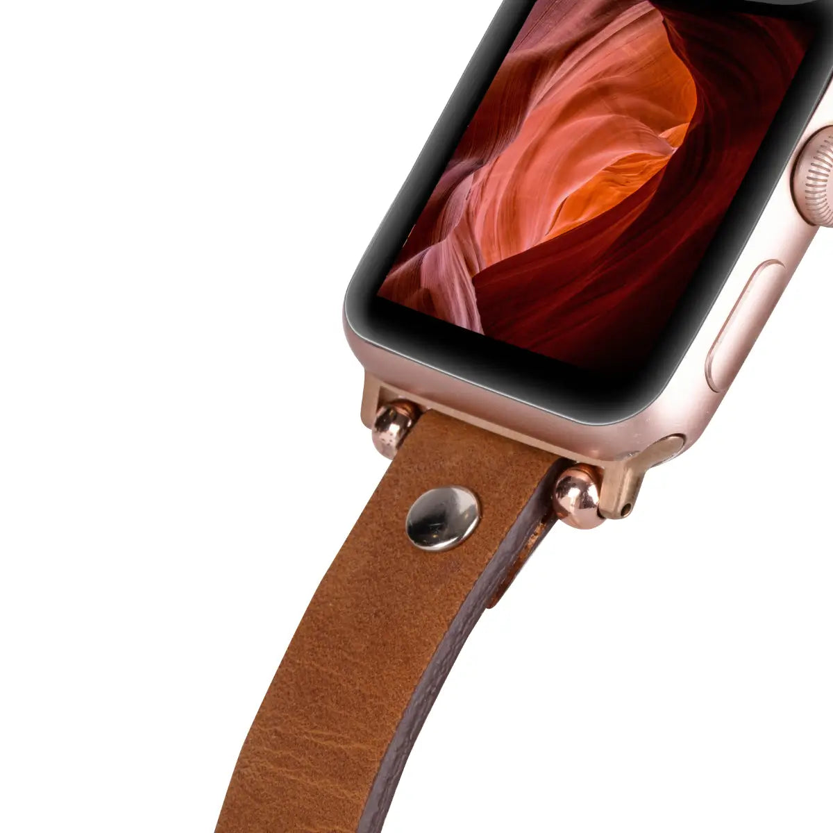 Premium Camel Leather Ultra Slim Apple Watch Band - Silver Rivet Strap for Apple Watch Series 9/8/7/6/SE - Stylish & Durable Replacement Band for Workout, Office & Everyday Wear