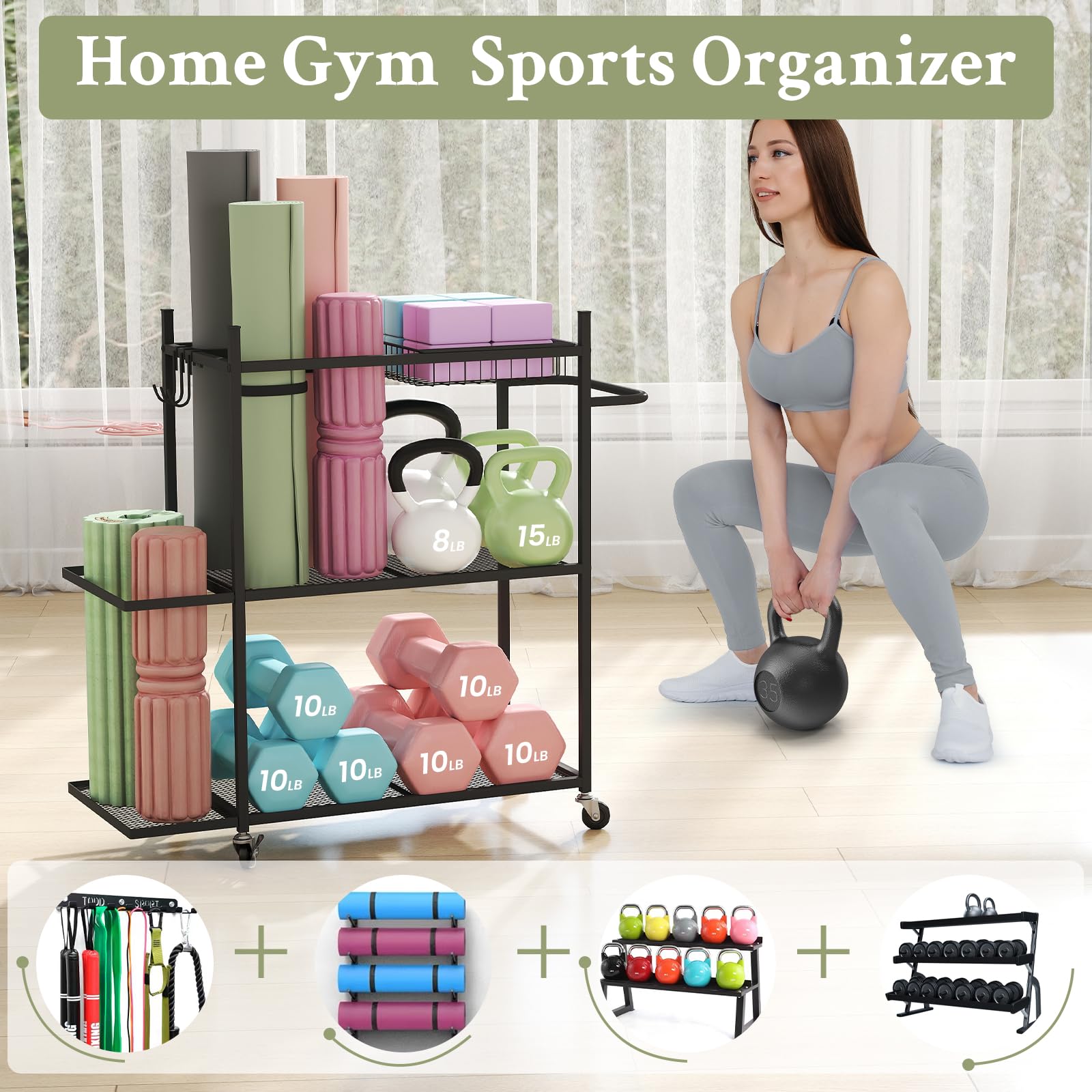 Premium Yoga Mat Storage Rack - Heavy Duty Home Gym Organizer for Dumbbells, Kettlebells & Workout Equipment with Removable Hooks - Space Saving Yoga Mat Holder for Easy Mobility - Perfect for Home Gym, Yoga Studio & Fitness Room Organization