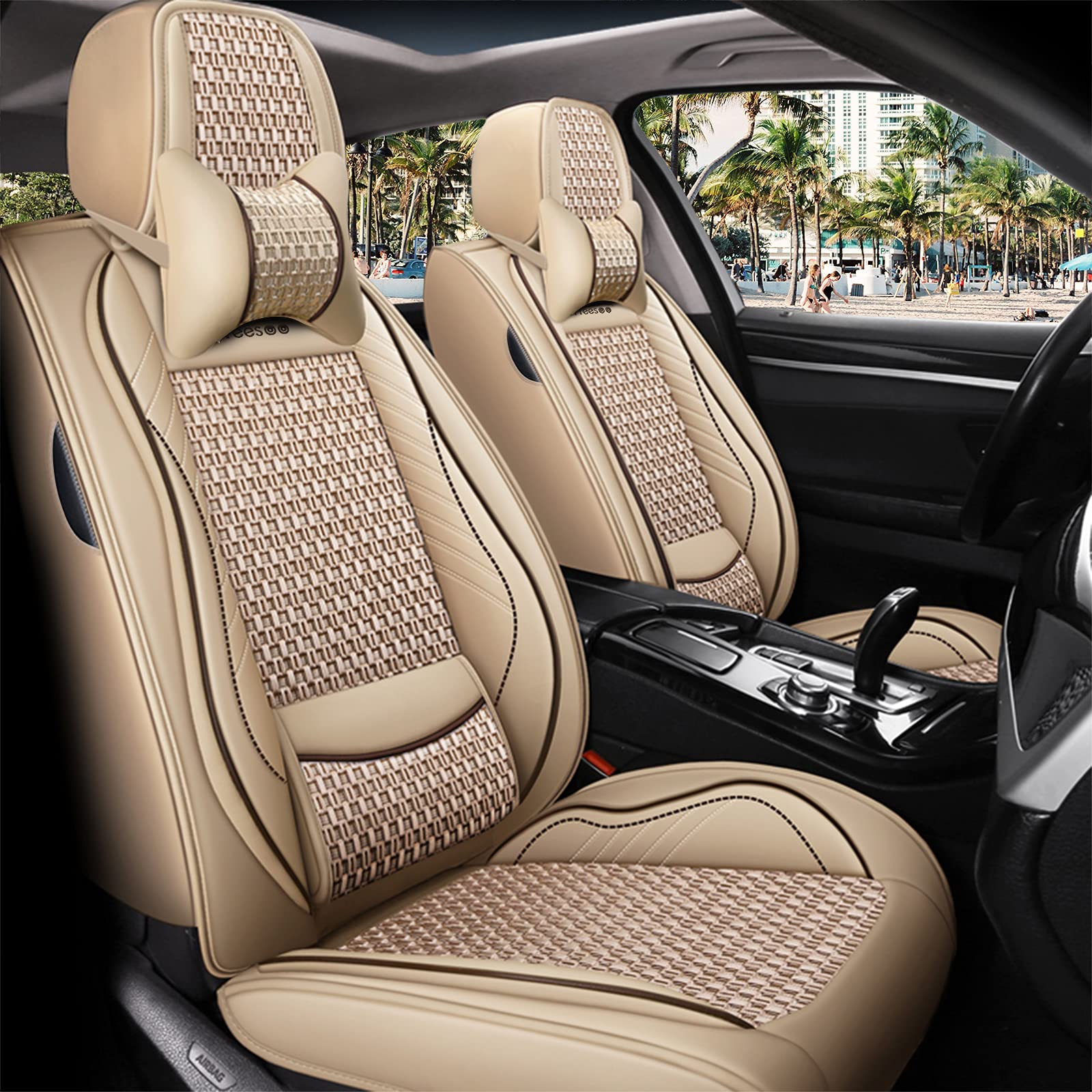 Premium Leather Car Seat Covers Full Set - Breathable Universal Fit for 5 Passenger Vehicles with Lumbar Support (Beige) | Auto Interior Accessories for Comfort & Style - Perfect for Road Trips, Daily Commutes & Family Travel