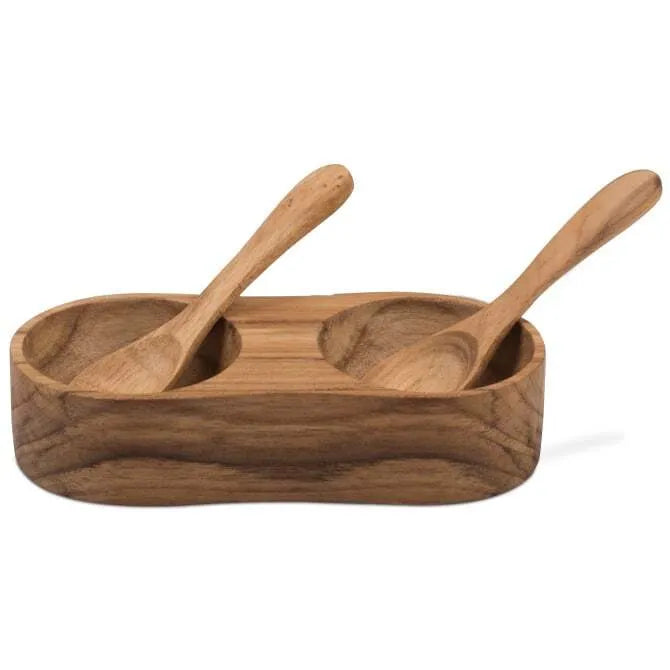 Premium Teak Wood Salt and Pepper Shaker Set with Stainless Steel Spoons - Perfect for Dining Table, Kitchen, and Outdoor BBQ Use