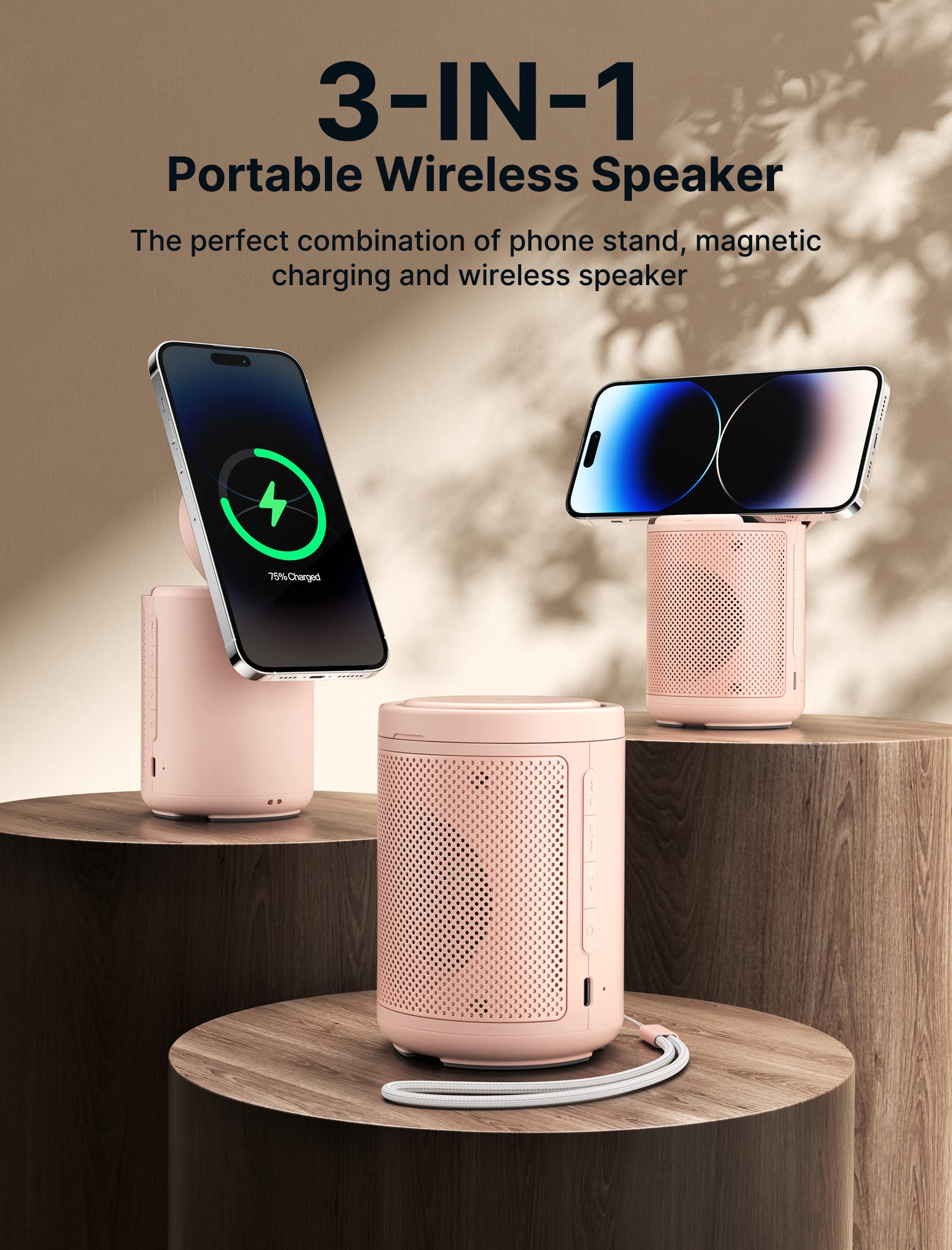 **JSAUX Wireless Bluetooth Speaker with Magnetic Charger & Phone Stand - HD Surround Sound, Compatible with iPhone & Samsung - Perfect Gift for Men & Women (Birthday, Travel, Home, Office)**