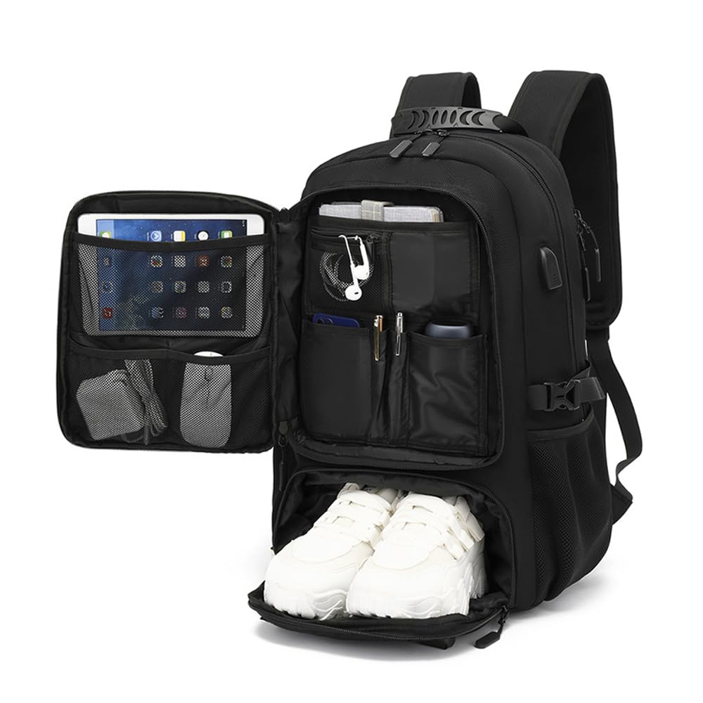 Women's 40L Large Backpack with Shoe Compartment, USB Charging Port, 14-Inch Laptop Compartment - Perfect for Work, School, Sports, Camping, Hiking, and Travel - Black