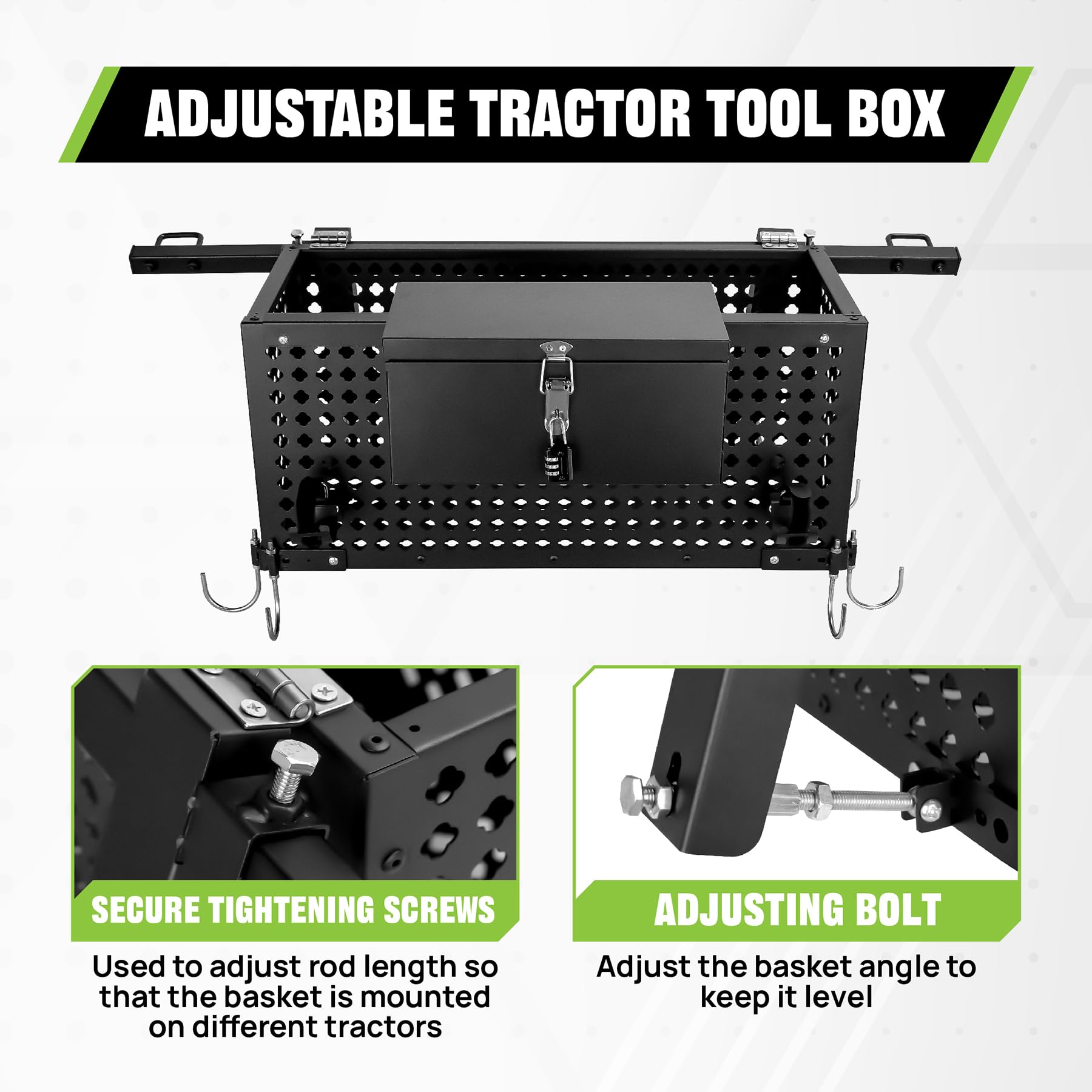 Heavy Duty Universal Tractor Tool Box Tray - 24x10x10in Steel Tractor Basket Attachment for John Deere, Kubota & More | Perfect for Farm Tools, Equipment Storage & Field Work Organization