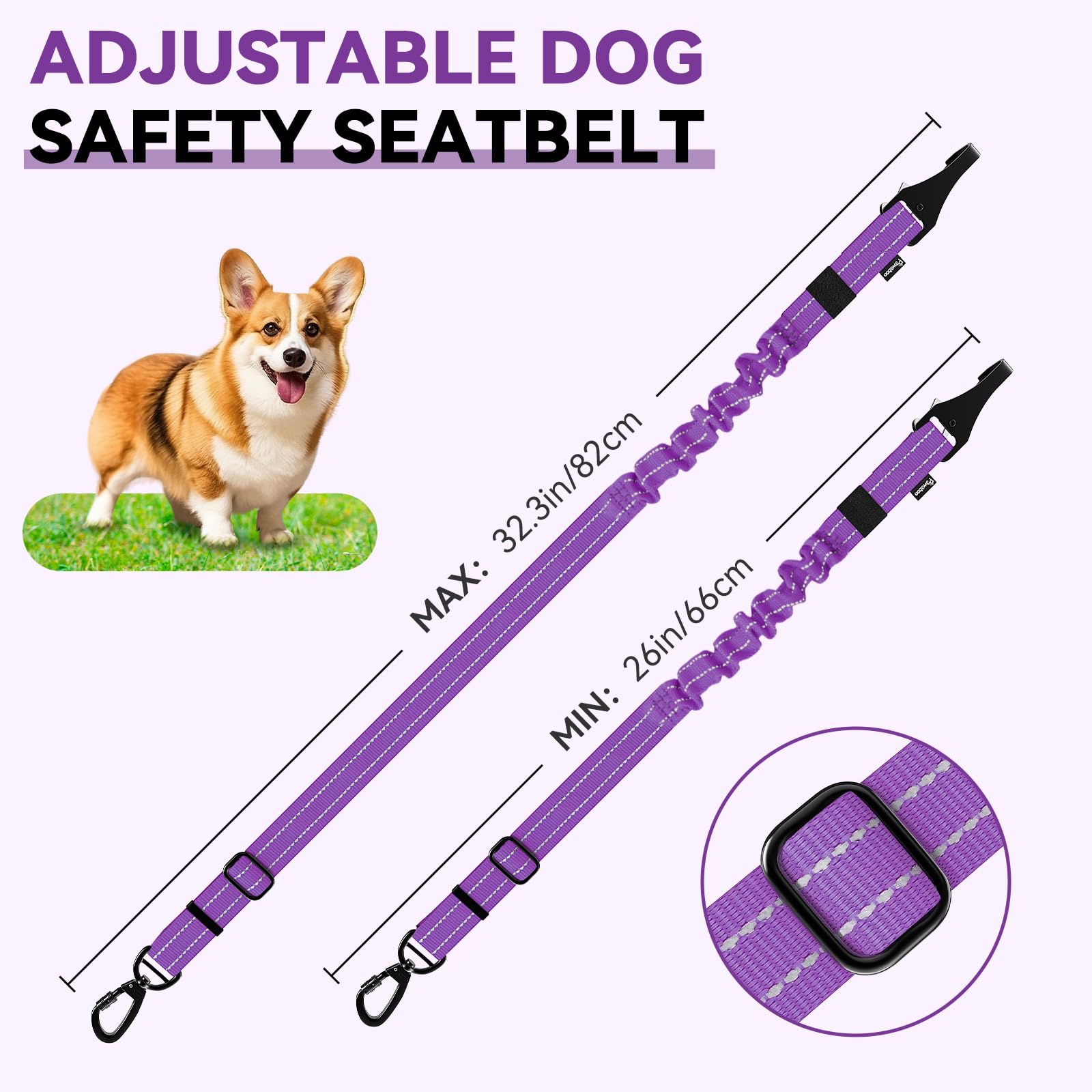 Pawaboo 2-Pack Adjustable Reflective Dog Car Seat Belt with Shockproof Bungee, 360° Lockable Buckle & Hook Latch - Purple | Safe Pet Travel Harness for Cars, SUVs & Road Trips | Perfect for Small to Medium Dogs