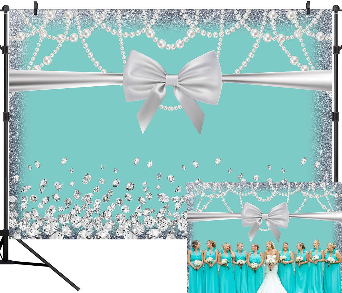 Light Blue Photography Backdrop with Turquoise Silver Bowknot Diamonds - Perfect for Sweet 16 Birthday, Baby Shower, Bridal Shower, Princess Portrait Photo Studio & Cake Table Decor - 7x5ft Premium Party Backdrop (DLA132B) - Ideal for Birthday Parties, Baby Showers, Wedding Decorations & Professional Photography
