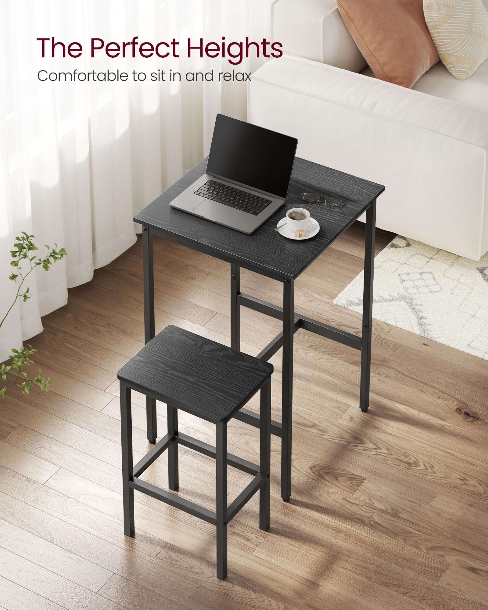 VASAGLE 2-Piece Bar Table and Stools Set, Square Pub Height Dining Table with 2 Stools - Space Saving Kitchen Breakfast Nook, Living Room, Party Room Furniture - Ebony Black & Ink Black - Perfect for Small Apartments, Studio Homes and Entertaining Guests