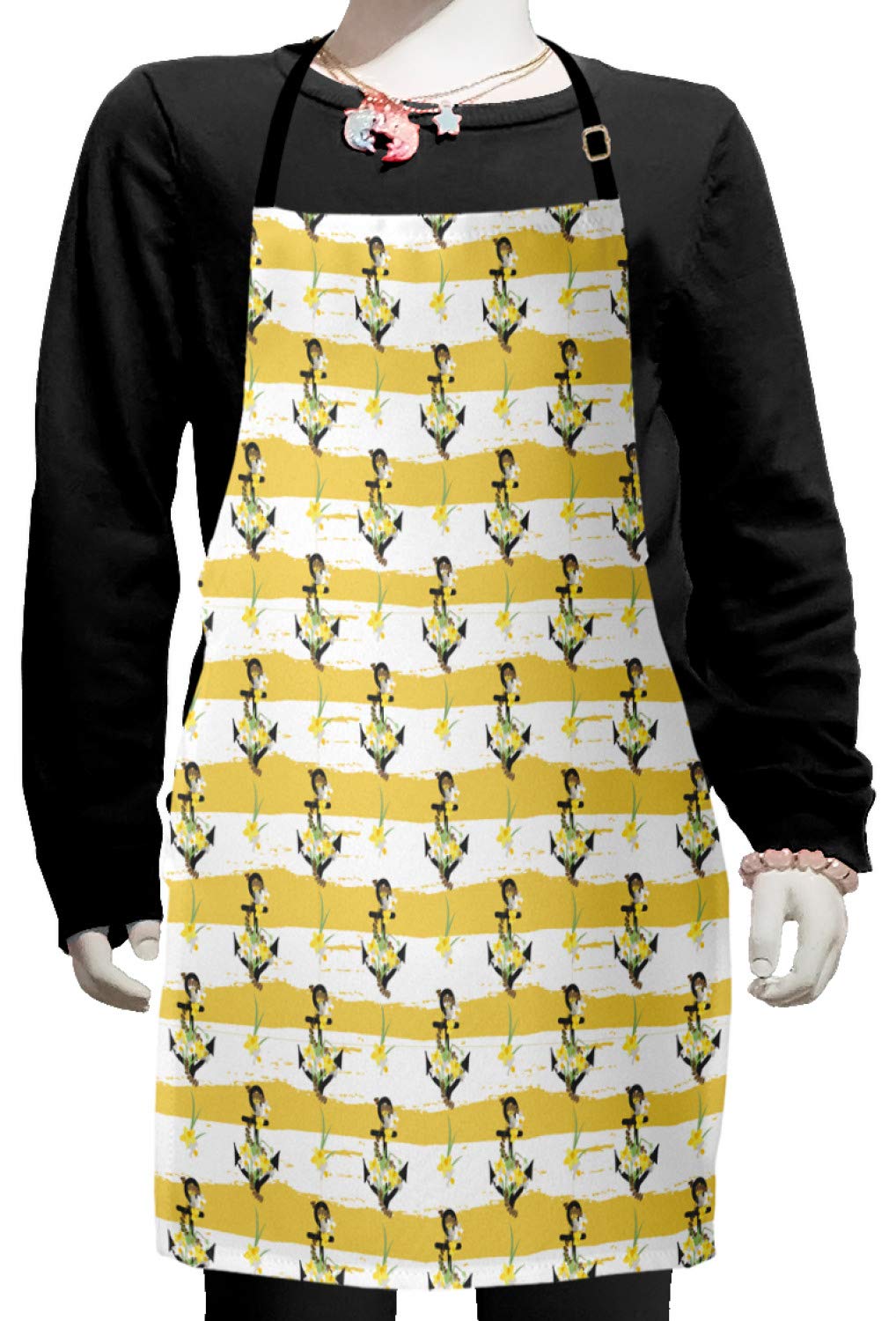 Ambesonne Nautical Apron - Floral Anchors & Narcissus Flowers Design, Adjustable Ties for Baking, Painting & Cooking, Small Size in Mustard Dark Grey & White - Perfect for Home Kitchen, BBQ Parties & Art Workshops