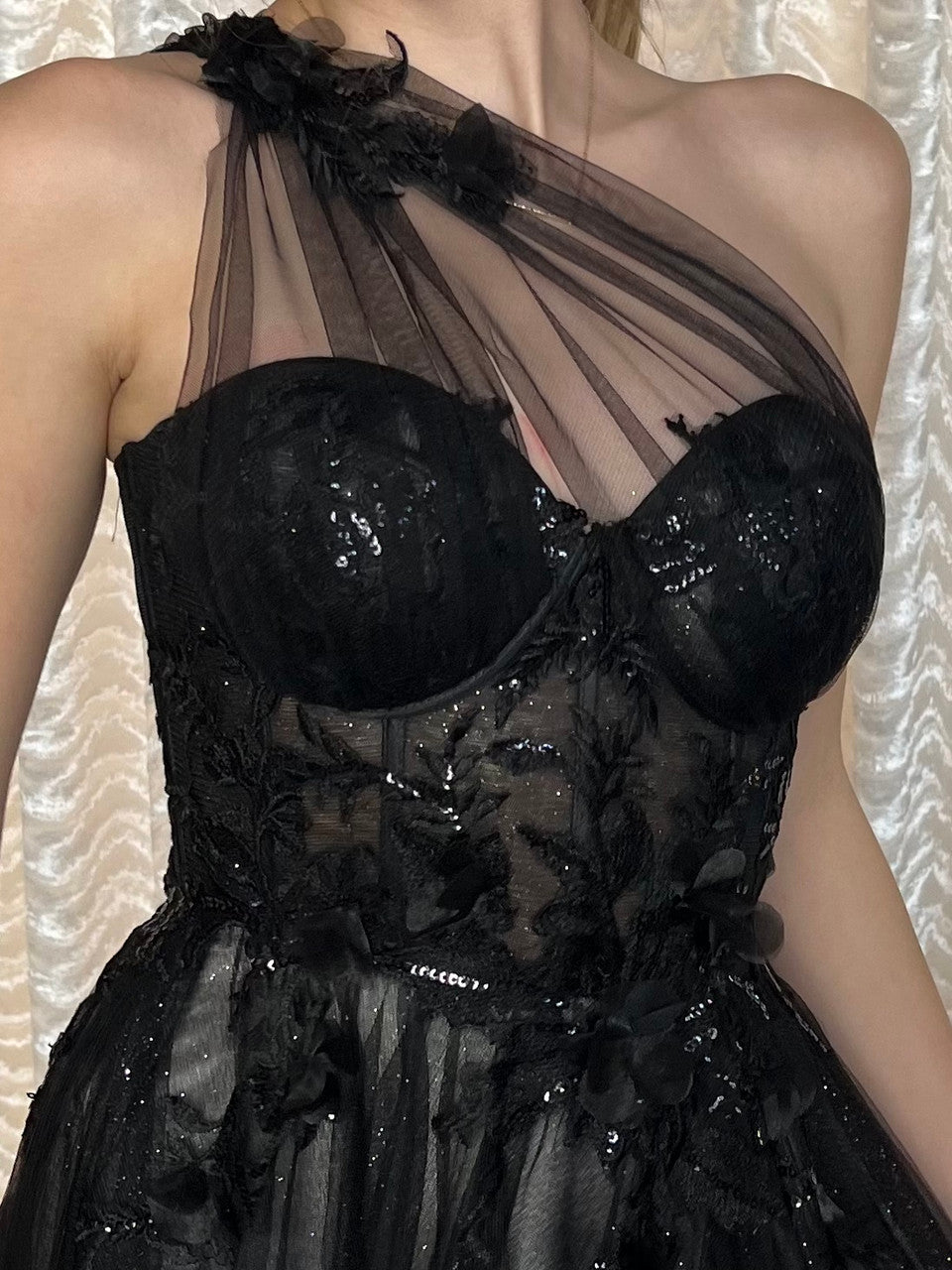 Elegant Leila One Shoulder Evening Gown A1053 in Black by Andrea & Leo - Perfect for Prom, Wedding Guest & Formal Events