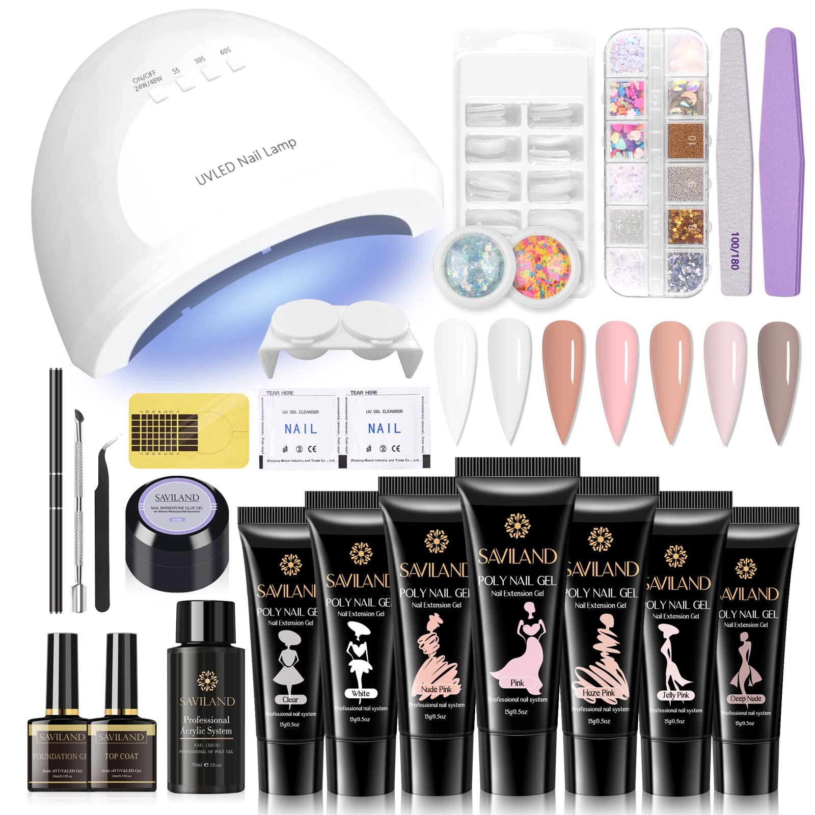 Saviland Poly Gel Nail Kit - 7 Colors Pink Series with 48W UV LED Nail Lamp, Slip Solution, Nail Decorations & Professional Manicure Tools for DIY Gel Nail Extensions at Home | Perfect for Salon-Quality Manicures, Nail Art Designs & Gift Giving