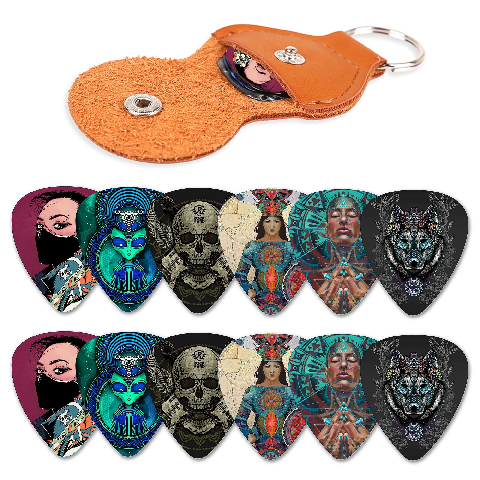 Premium 12-Pack Medium Guitar Picks with Leather Holder & Tin Box - Artistic Celluloid Picks for Bass/Electric/Acoustic Guitar - Perfect Gift for Musicians (Mix-1) - Ideal for Practice, Performances & Music Lovers