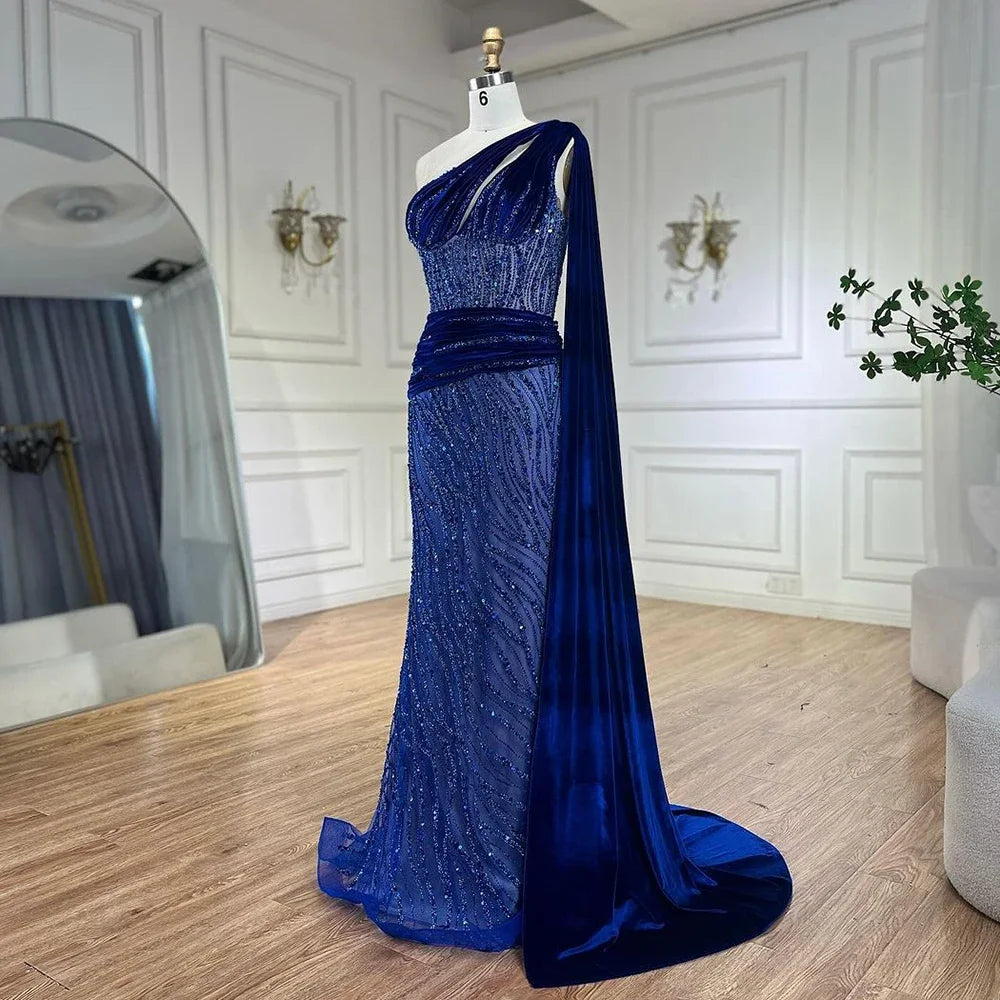 Serene Hill Blue Mermaid One Shoulder Elegant Cape Sleeve Beaded Luxury Evening Dress for Women - Perfect for Prom, Gala & Formal Parties 2025
