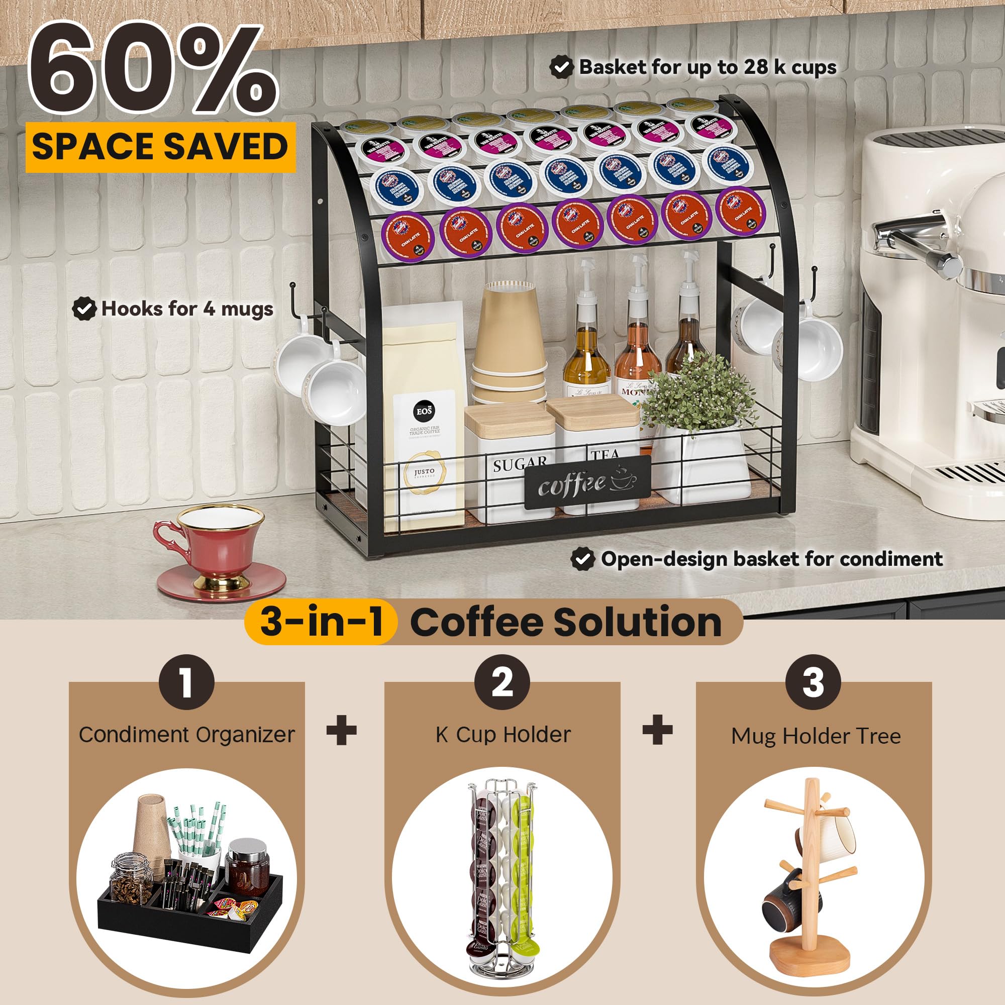 2-Tier Metal K Cup Holder with 4 Coffee Mug Hooks - Multi-Functional Coffee Station Organizer for Countertop, Wooden K Cup Tray - Perfect for Home Kitchen, Office Coffee Bar & Small Space Organization (Black)