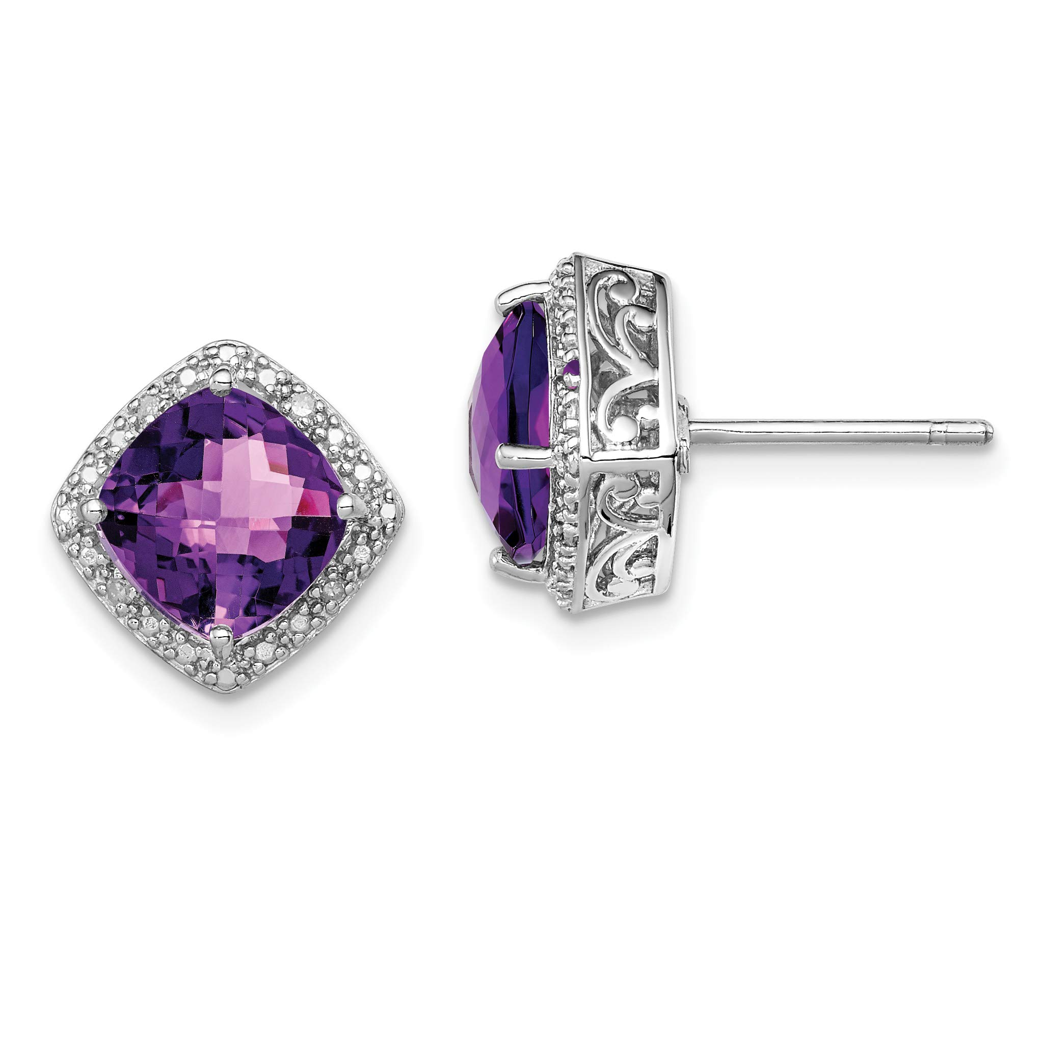 Sterling Silver Rhodium-Plated Amethyst & Diamond Stud Earrings for Women | Elegant Gift for Anniversary, Birthday & Special Occasions