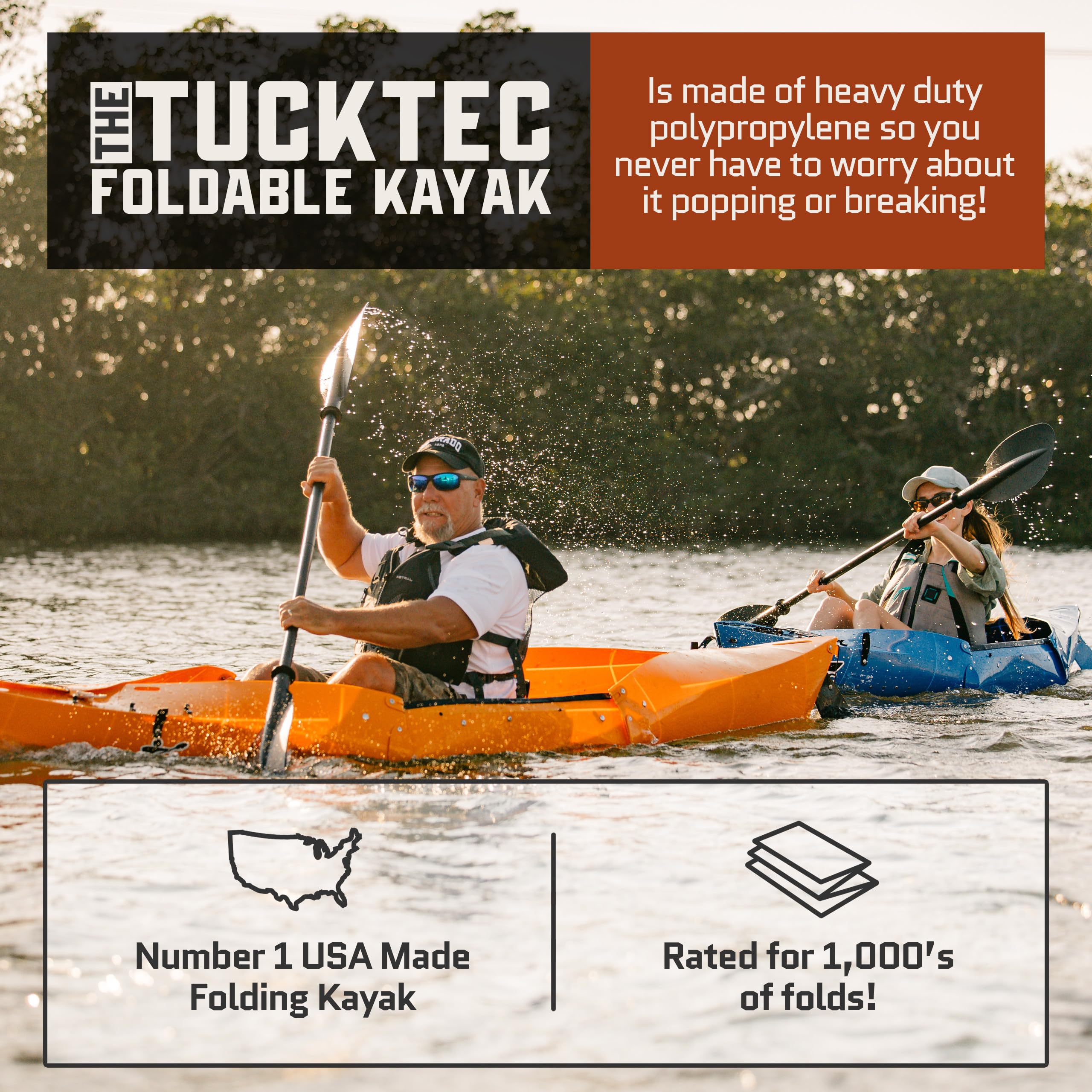 Tucktec 10' Foldable Kayak - Full Size Black Portable Folding Kayak for Adults - Lightweight & Easy to Store - Made in USA - Perfect for Camping, Fishing & Outdoor Adventures