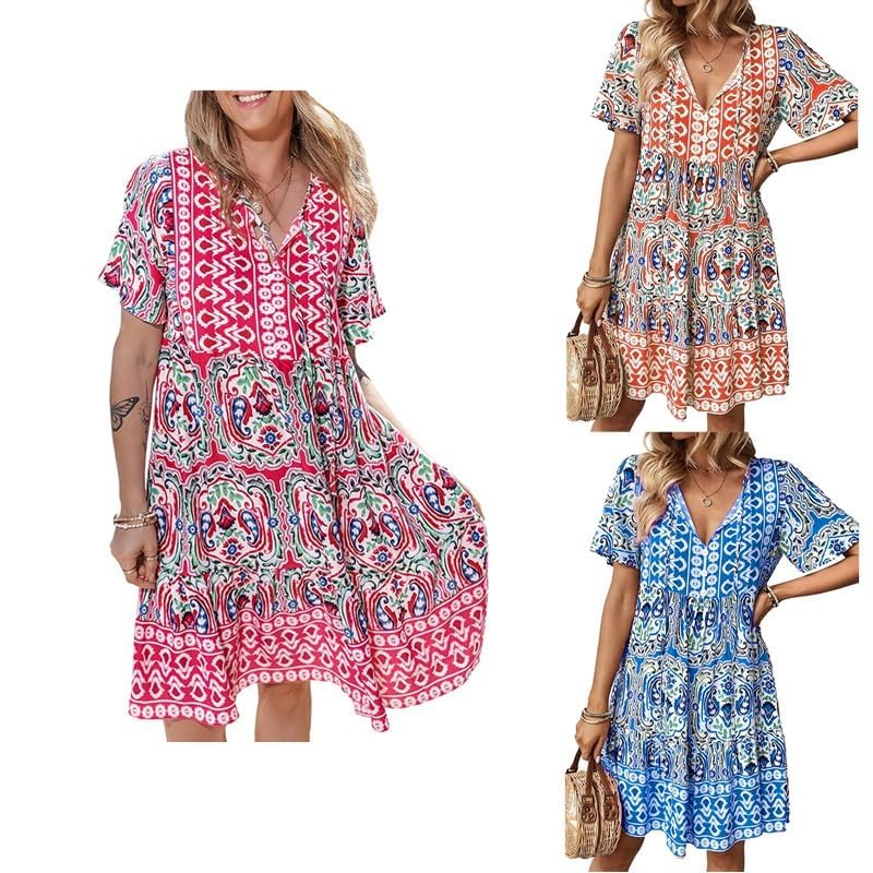 Women's Floral Midi Sundress 2025 - Western Boho Summer Dress with V-Neck & Milkmaid Style | Casual Beachwear, Garden Party, Vacation Outfit