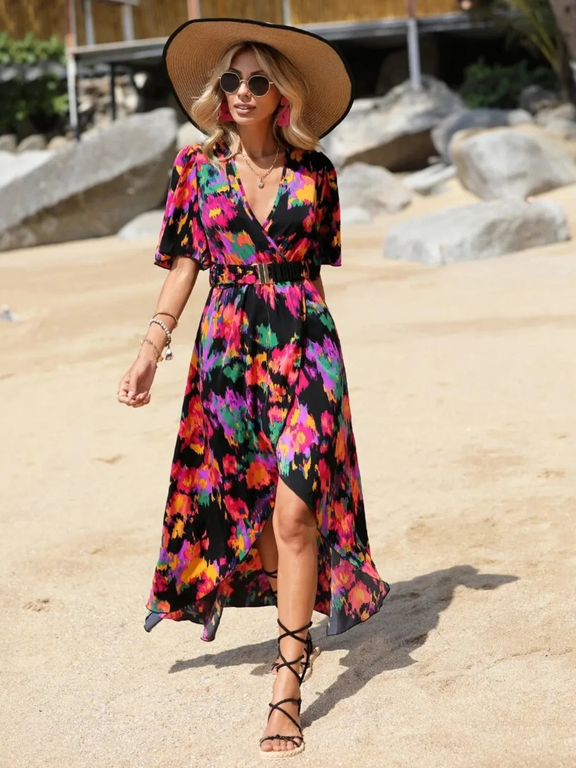 Floral Short Sleeve Vacation Maxi Dress - Women's Summer Boho Beach Dress for Tropical Getaways, Pool Parties & Outdoor Weddings